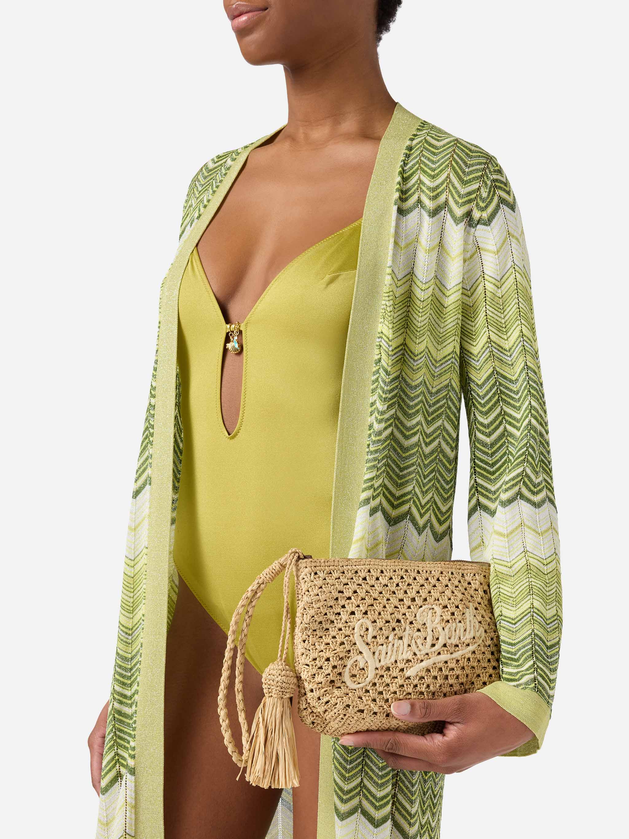 Natural Raffia Pouch With Embroidered Logo Beige Pochette