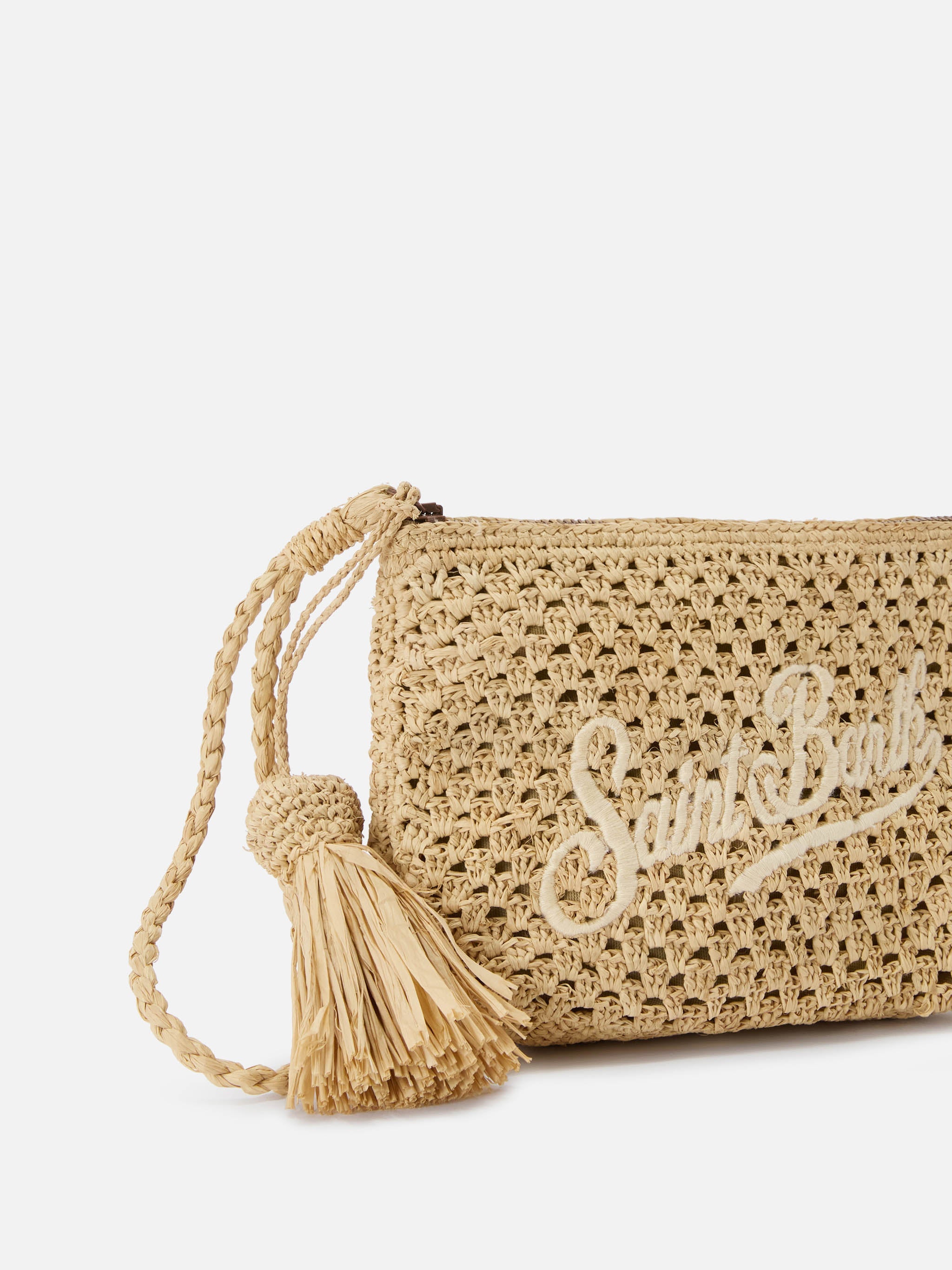 Natural Raffia Pouch With Embroidered Logo Beige Pochette