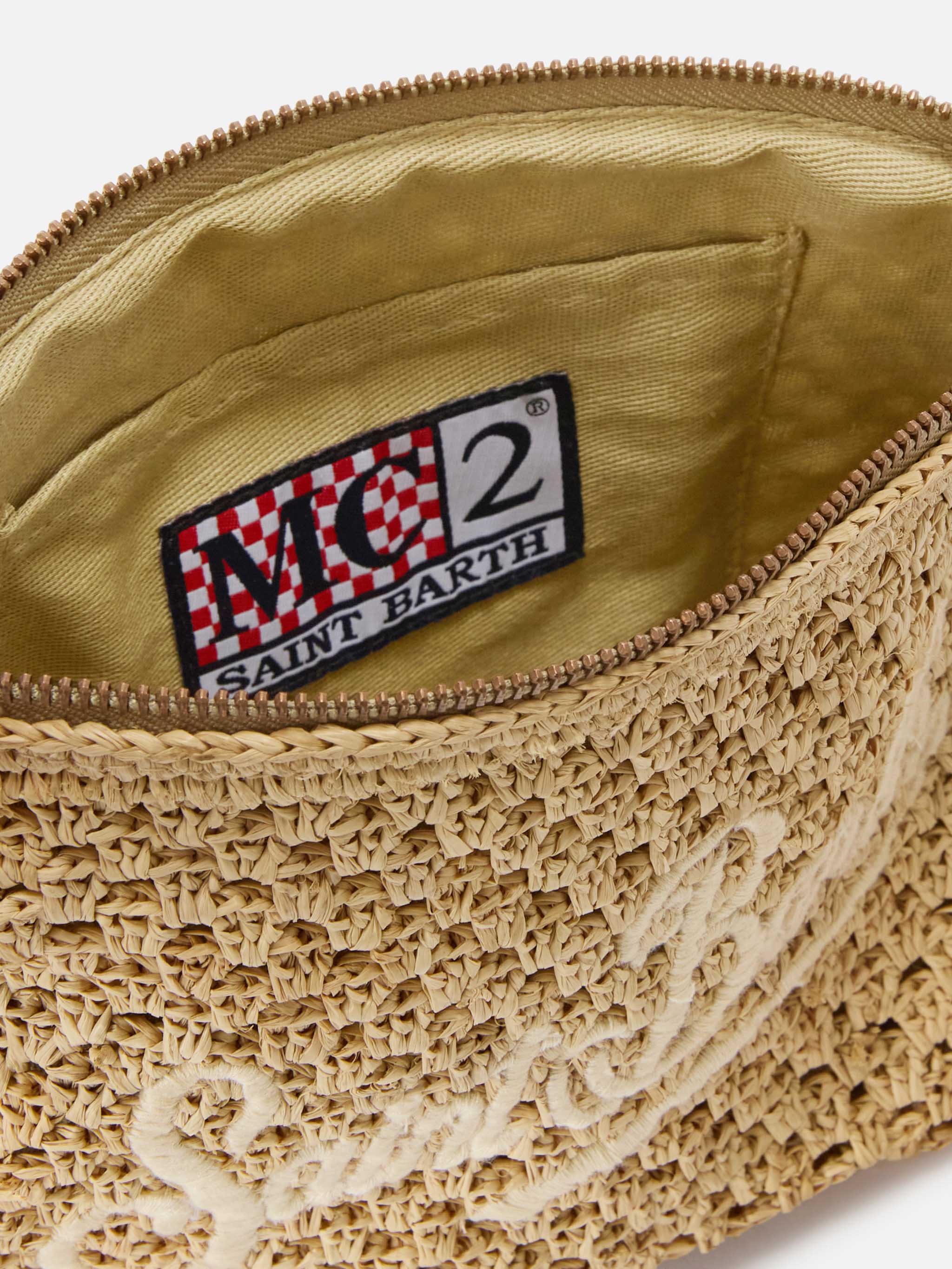 Natural Raffia Pouch With Embroidered Logo Beige Pochette