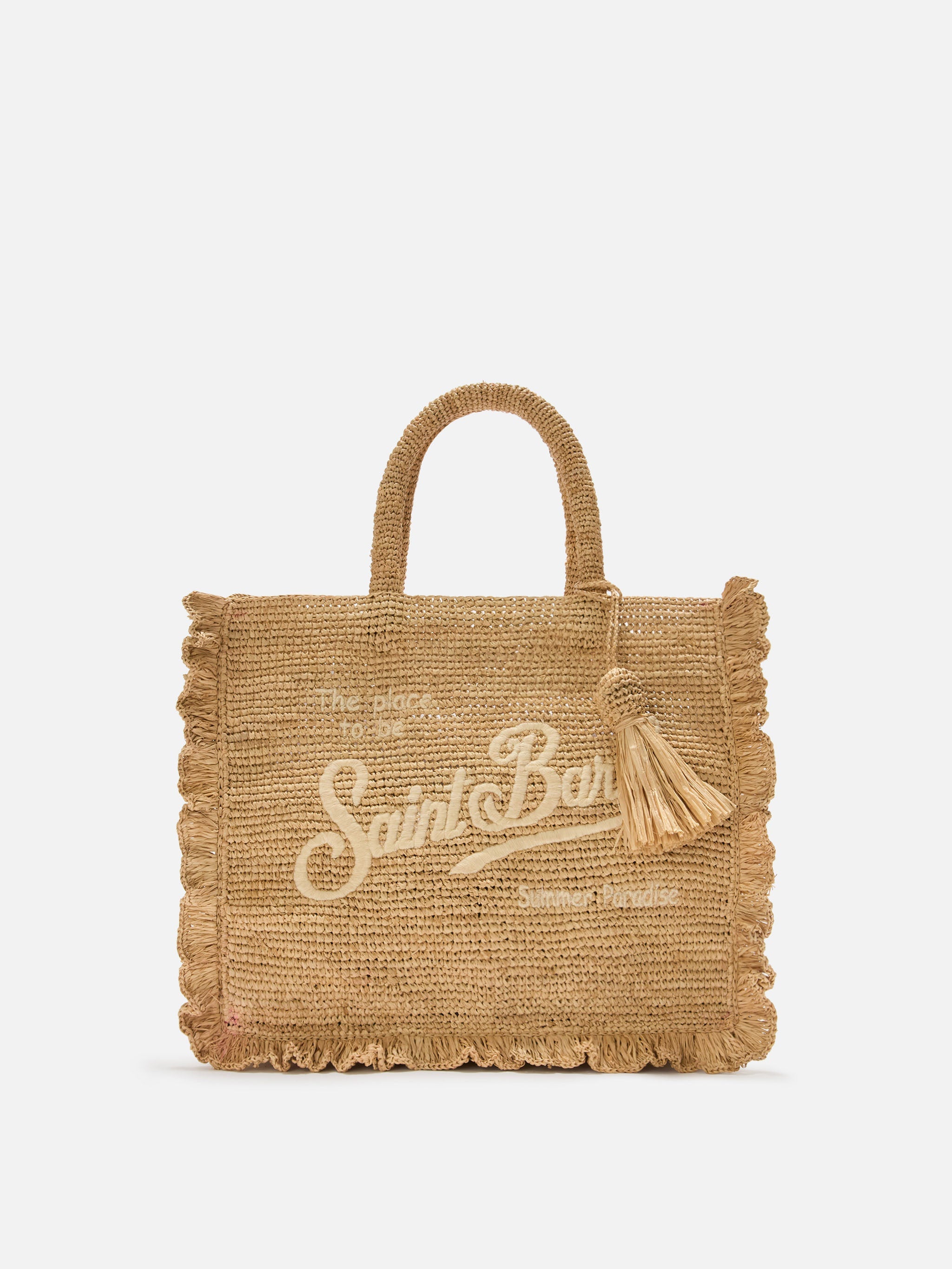 Volant Medium Raffia Bag With Embroidered Logo Beige