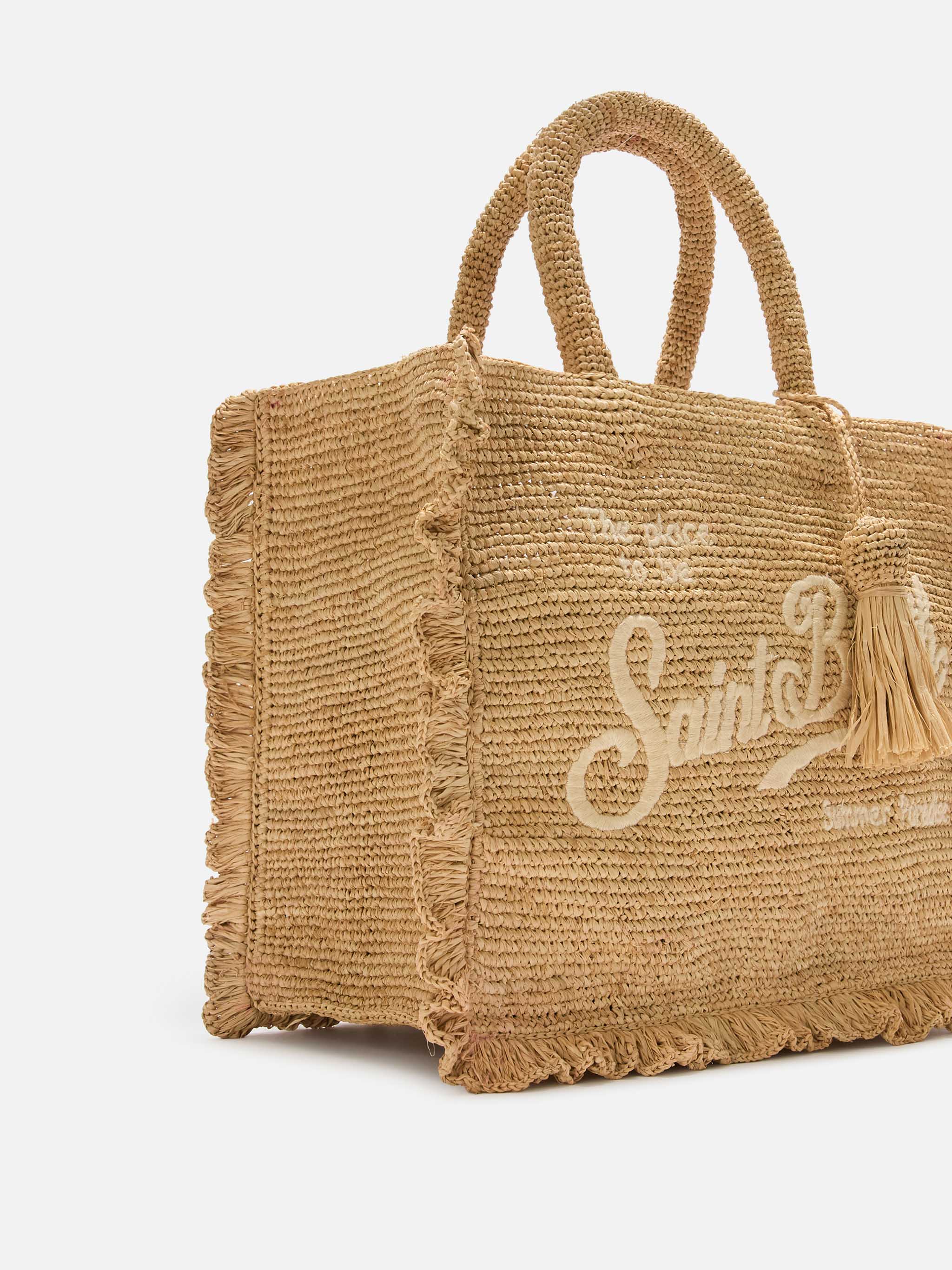 Volant Medium Raffia Bag With Embroidered Logo Beige