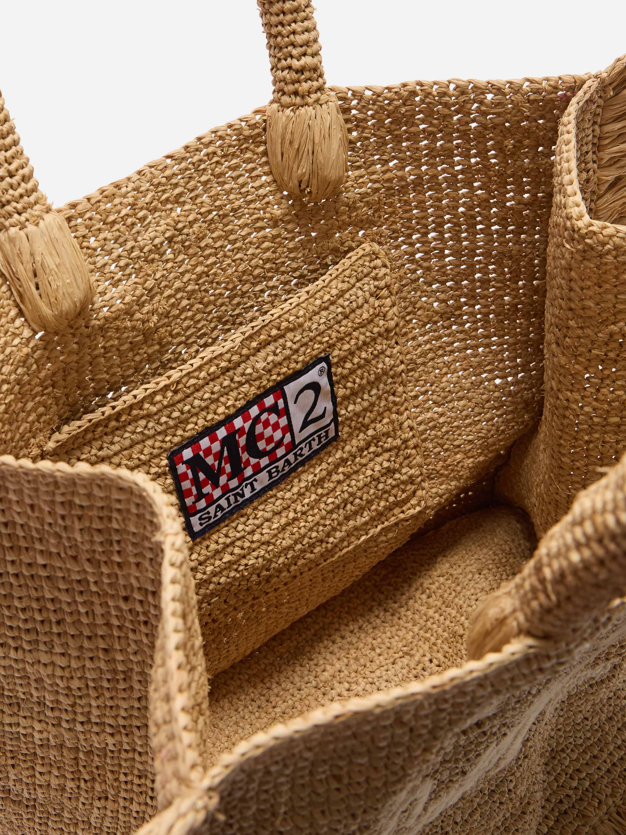 Volant Medium Raffia Bag With Embroidered Logo Beige