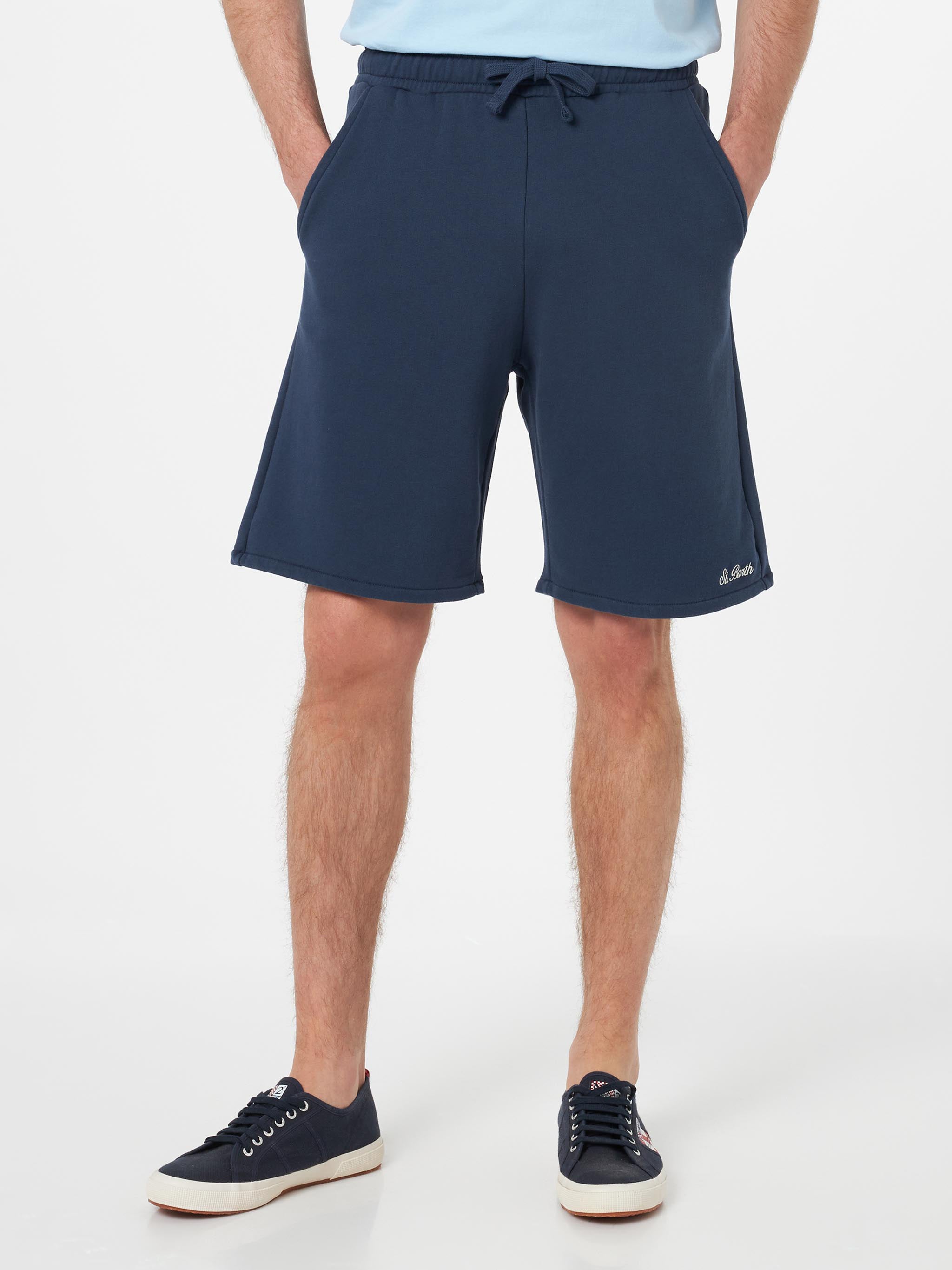 Man Navy Blue Cotton Fleece Bermuda Shorts Randle Pant