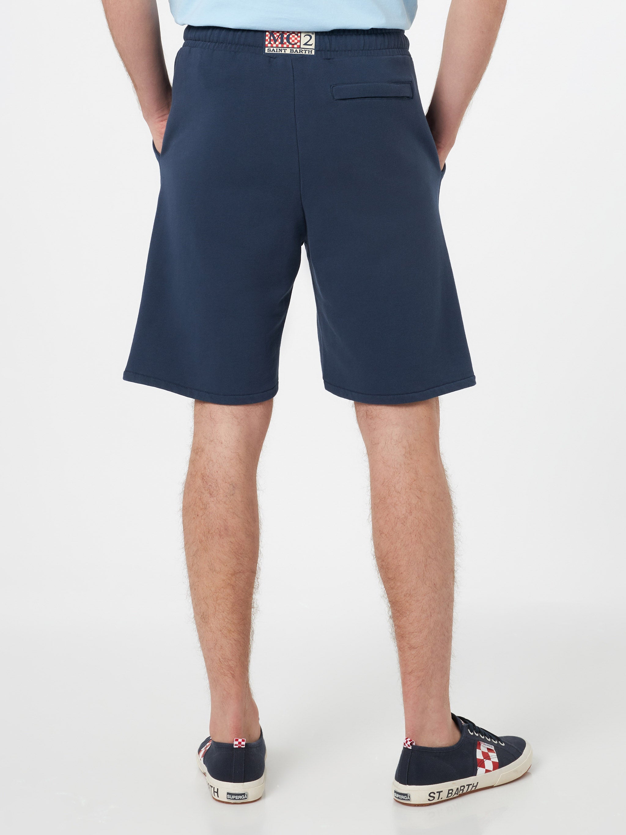 Man Navy Blue Cotton Fleece Bermuda Shorts Randle Pant