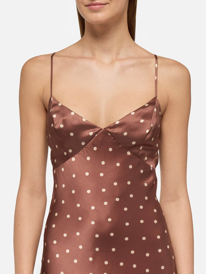 Ravel Pure Silk Slim Dress With Polka Dots Print Brown
