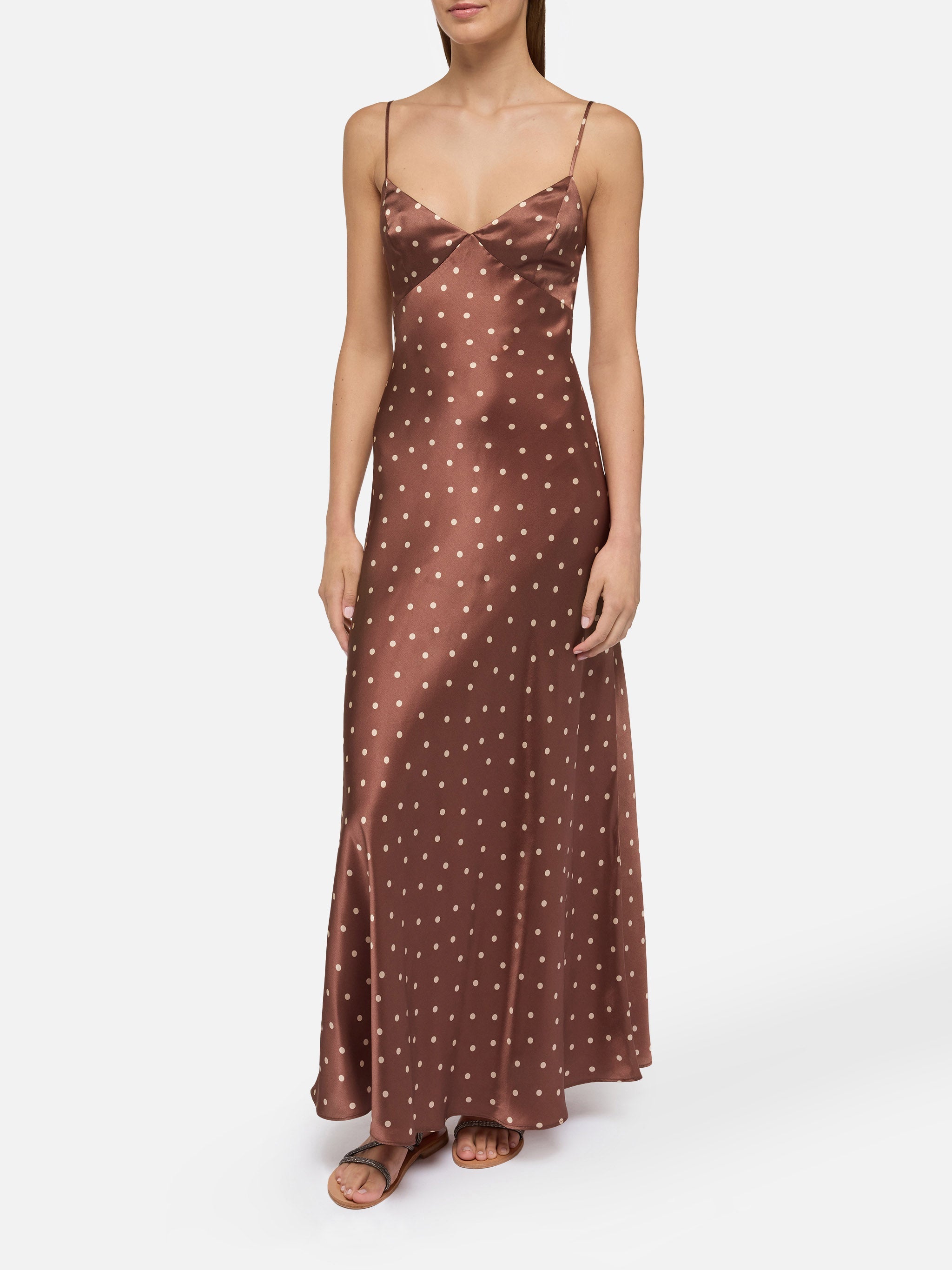 Ravel Pure Silk Slim Dress With Polka Dots Print Brown