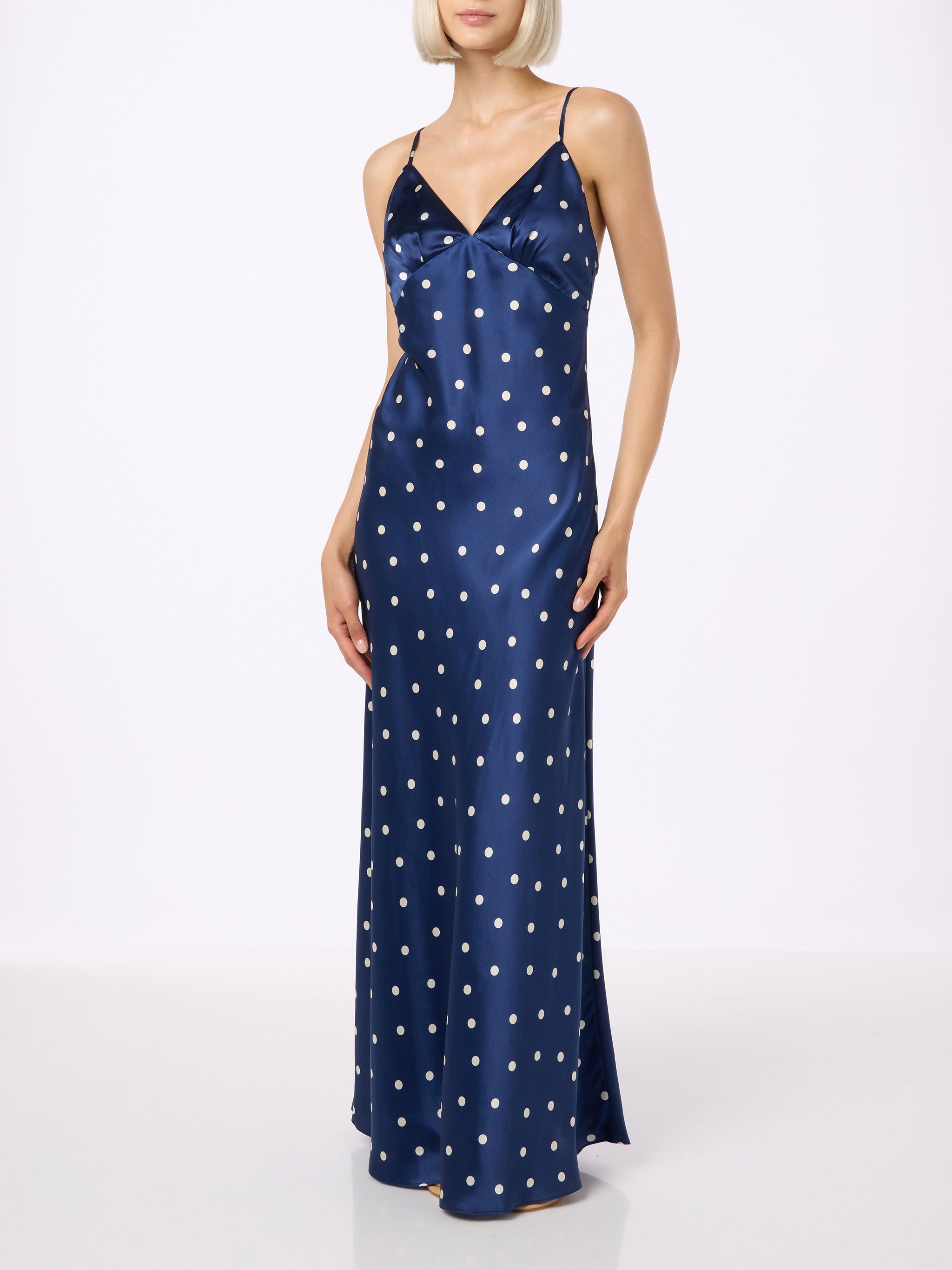 Ravel Pure Silk Slim Dress With Polka Dots Print Blue