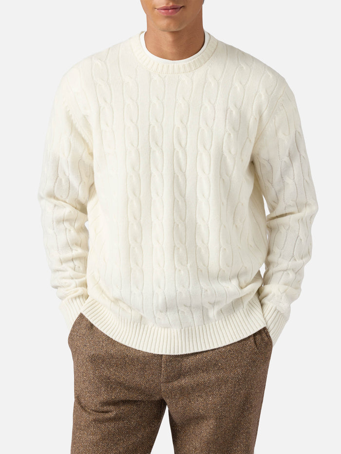 Crewneck Cable-Knit Sweater Regent White Wool