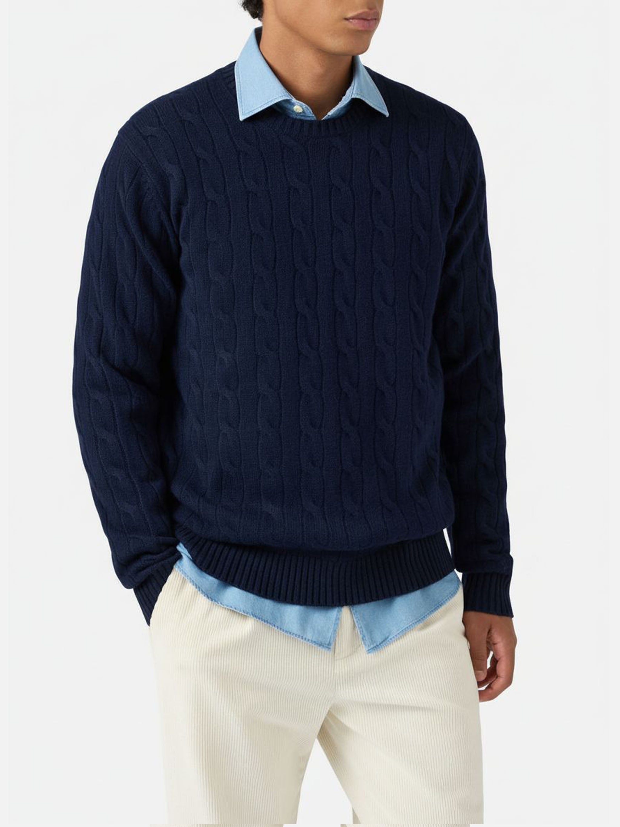Crewneck Cable-Knit Sweater Regent Navy Wool Blue