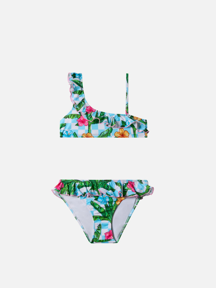Rey One Shoulder Ruffled Bikini With Palm Print __single__