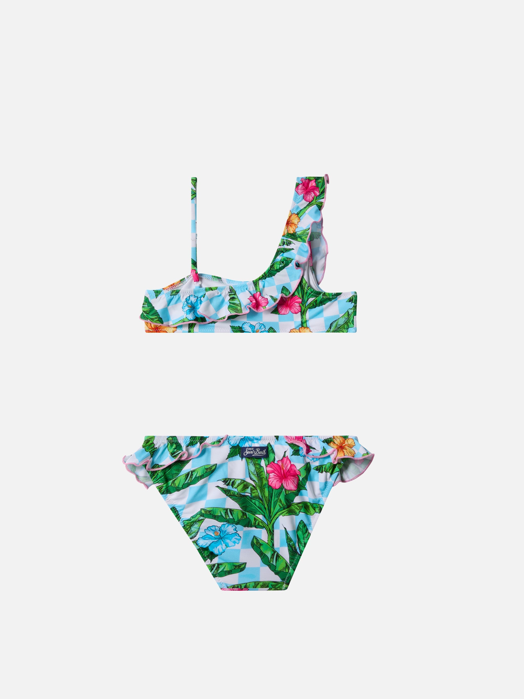 Rey One Shoulder Ruffled Bikini With Palm Print __single__