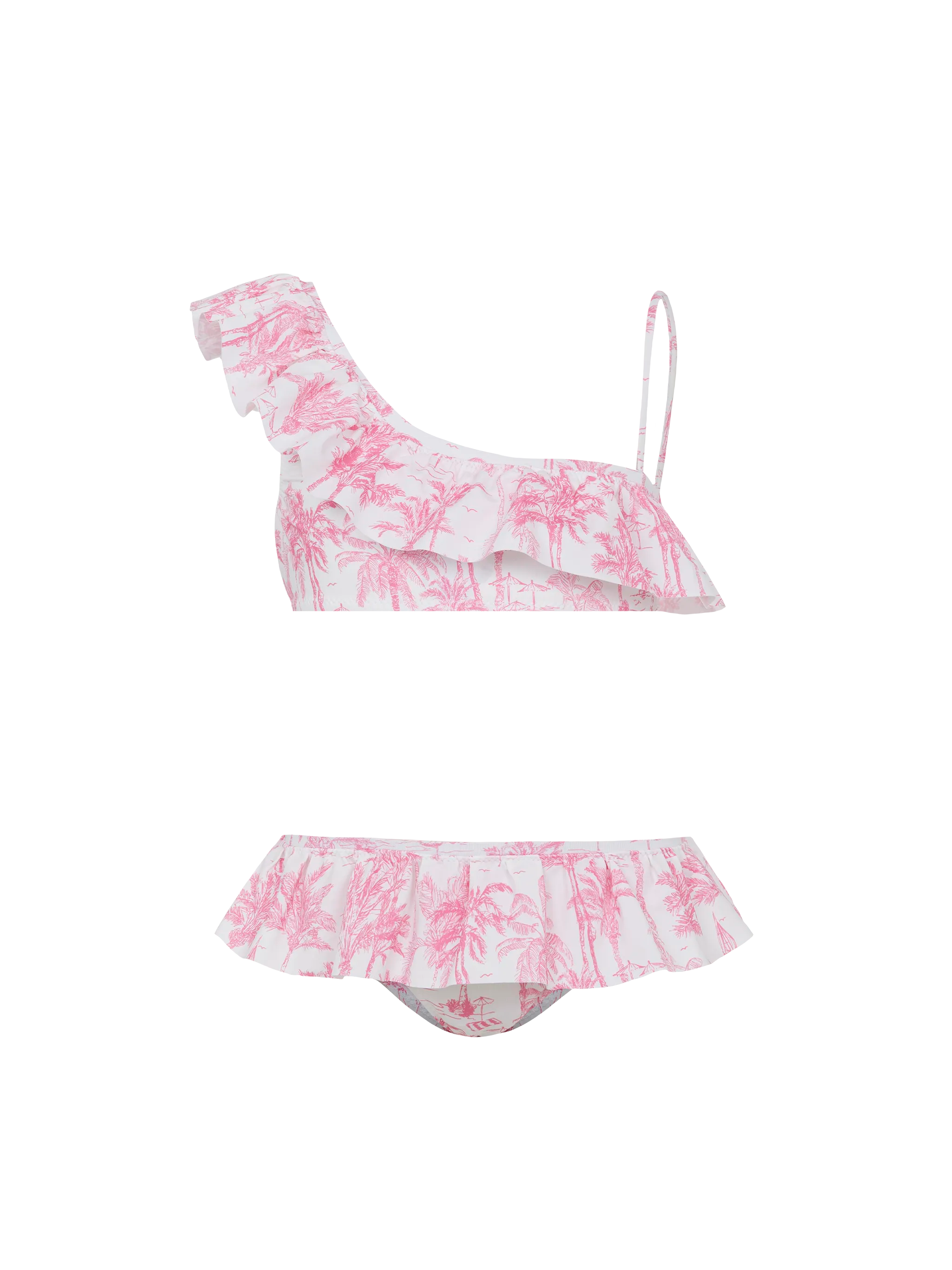 Rey One Shoulder Ruffled Bikini With Toile De Jouy Print Pink