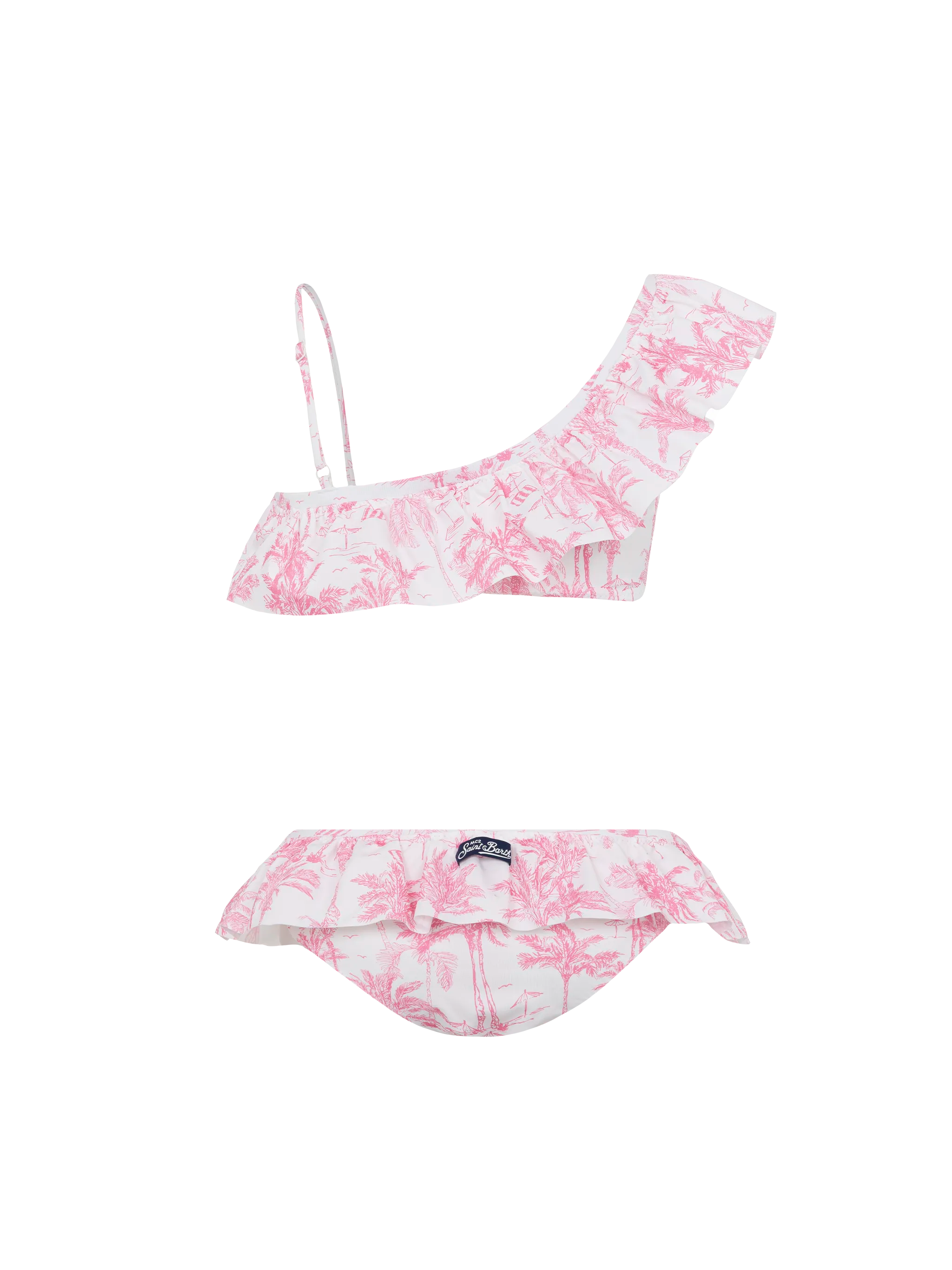 Rey One Shoulder Ruffled Bikini With Toile De Jouy Print Pink