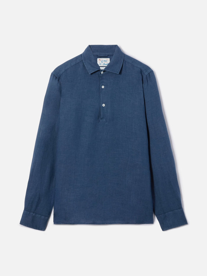 Long-Sleeve Raphael Linen Polo Navy Blue Shirt