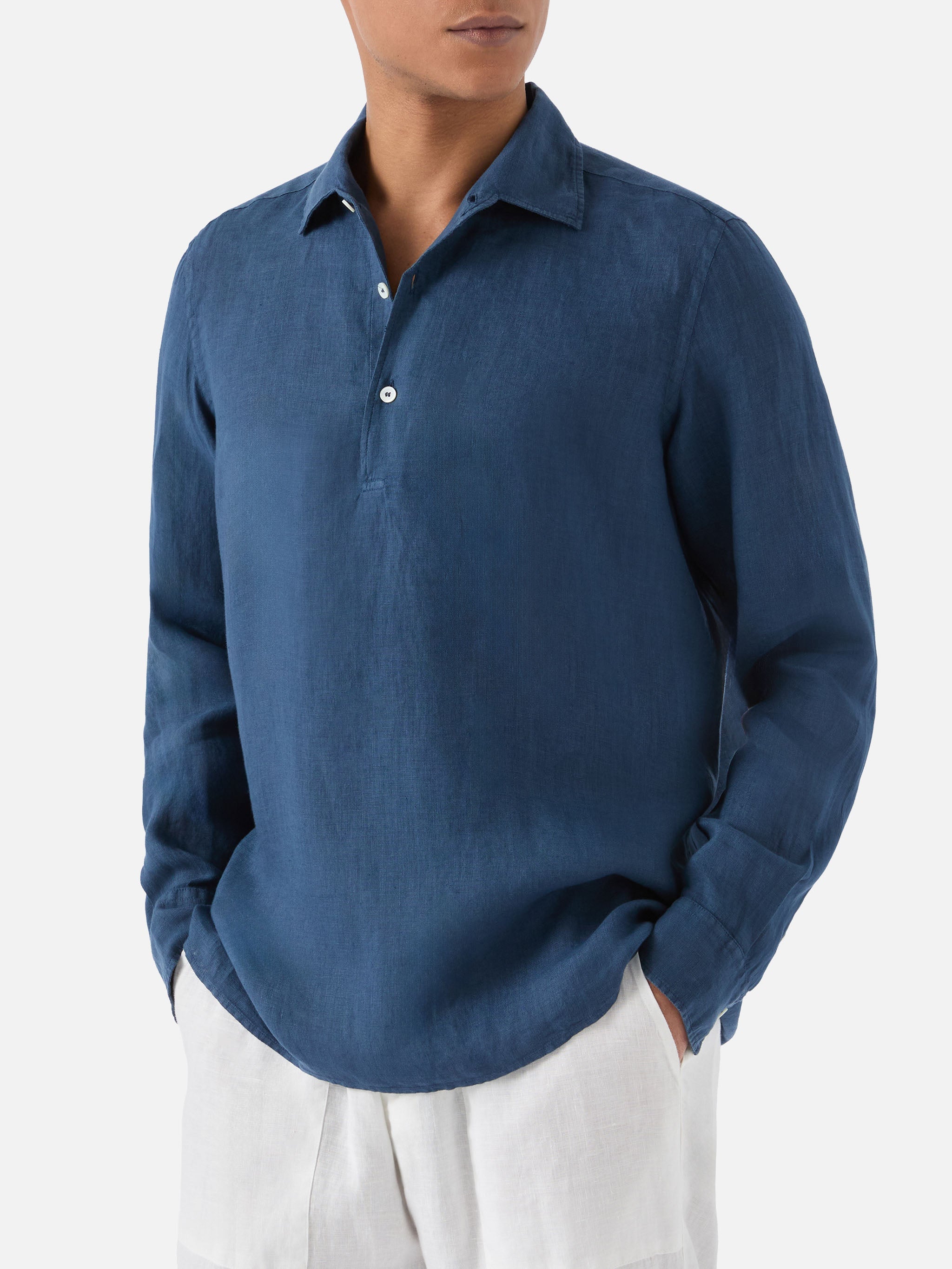 Long-Sleeve Raphael Linen Polo Navy Blue Shirt