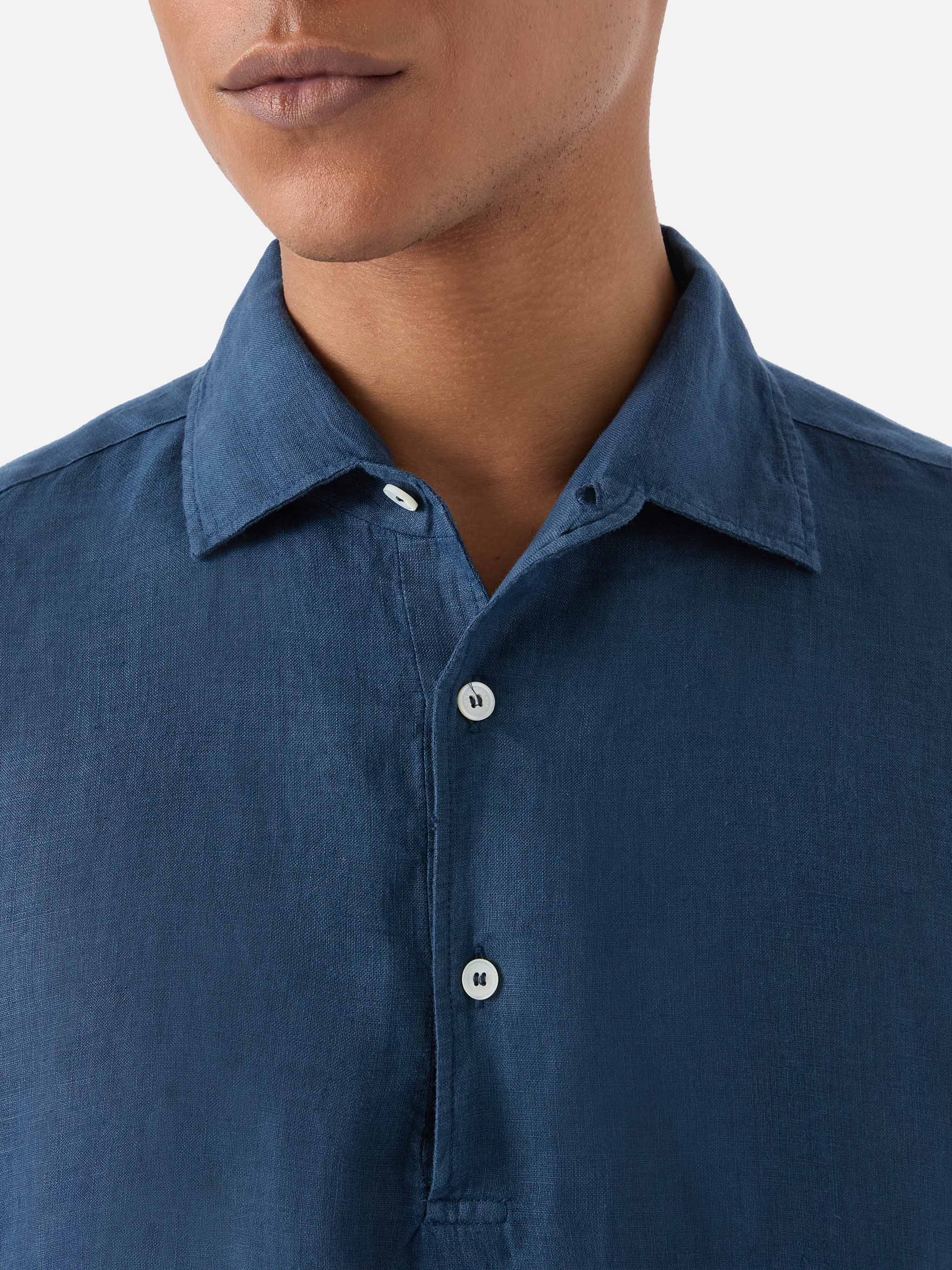 Long-Sleeve Raphael Linen Polo Navy Blue Shirt