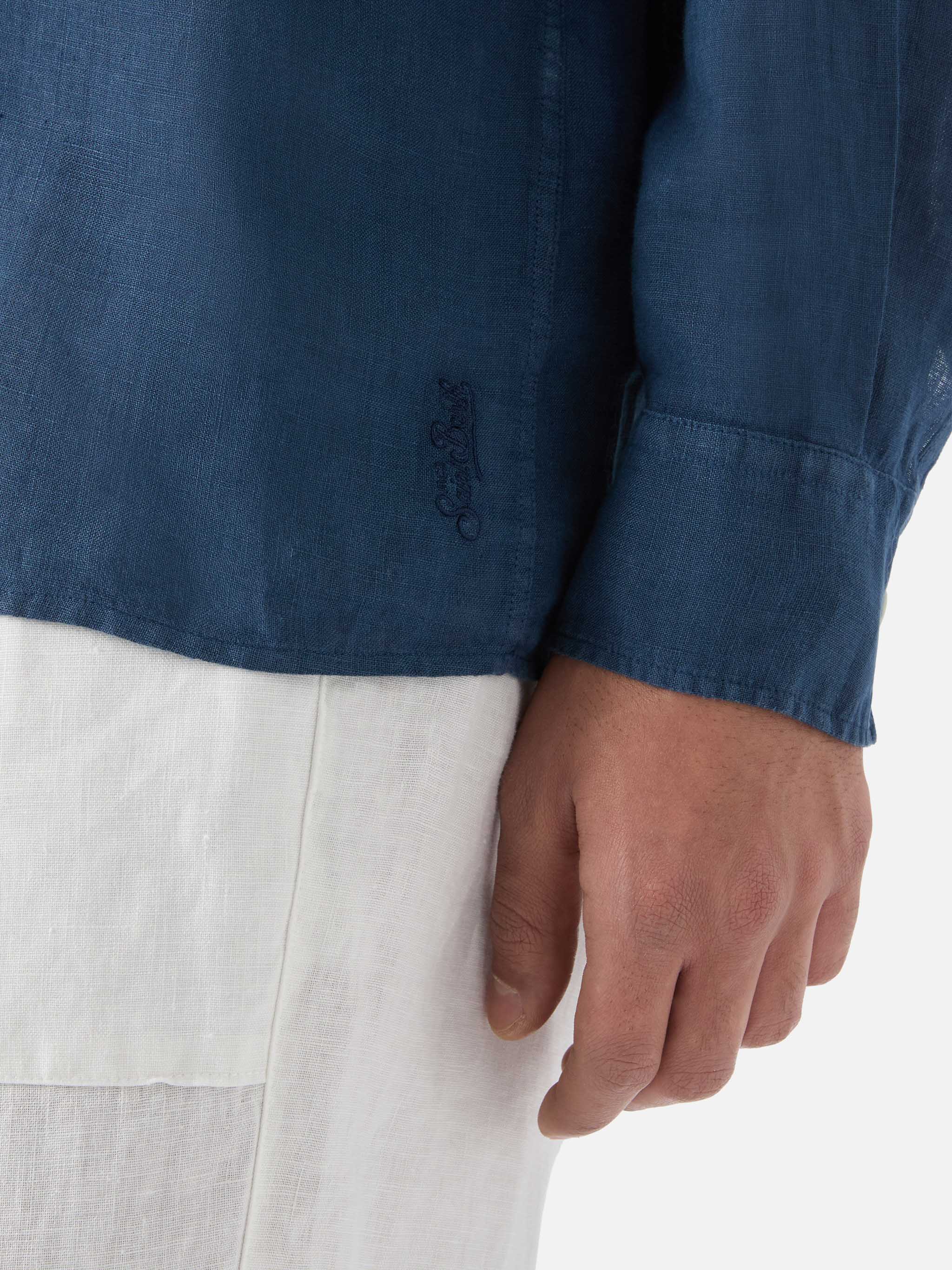 Long-Sleeve Raphael Linen Polo Navy Blue Shirt