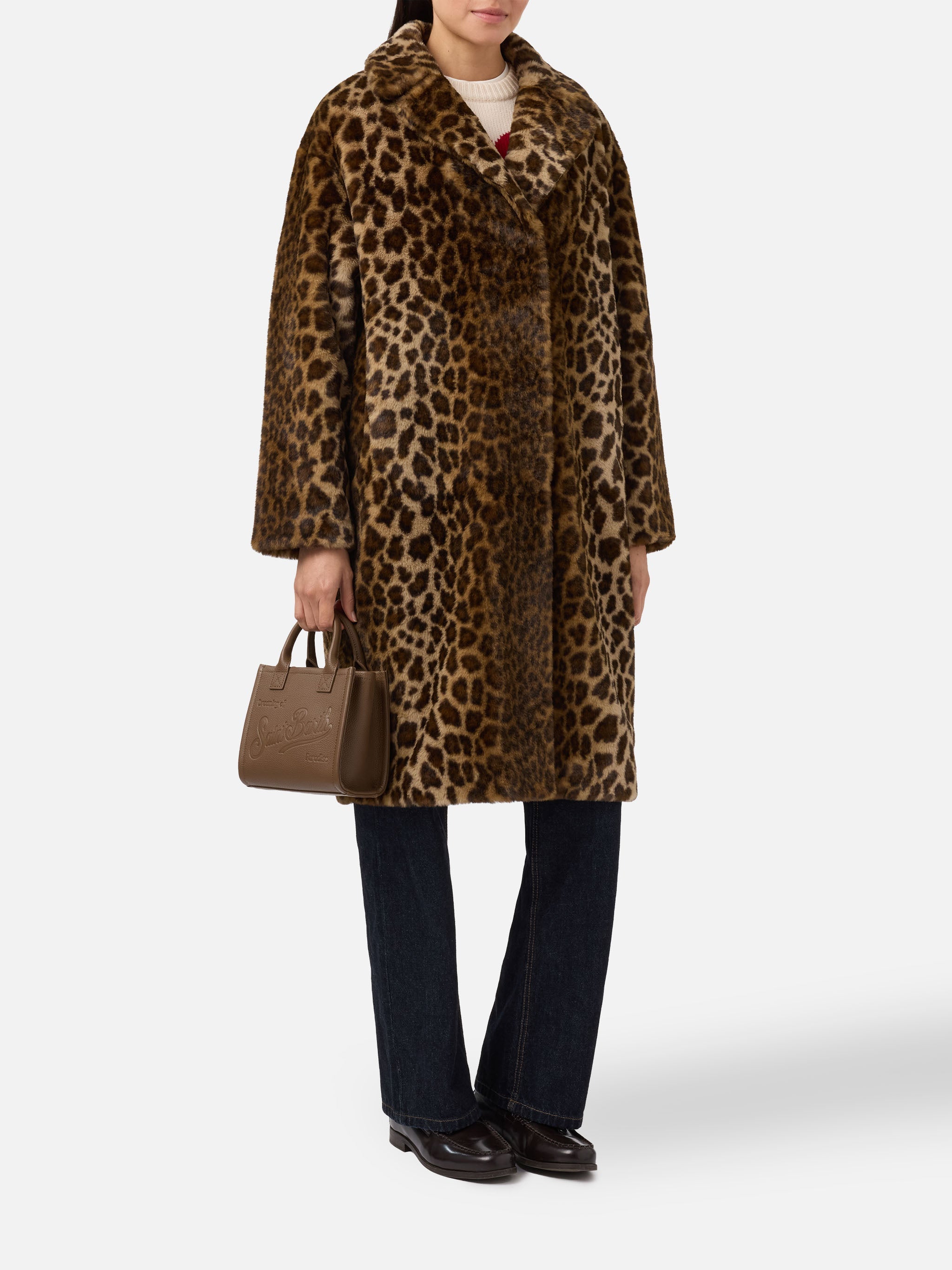 Rouge Faux-Fur Coat With Leopard Print Brown