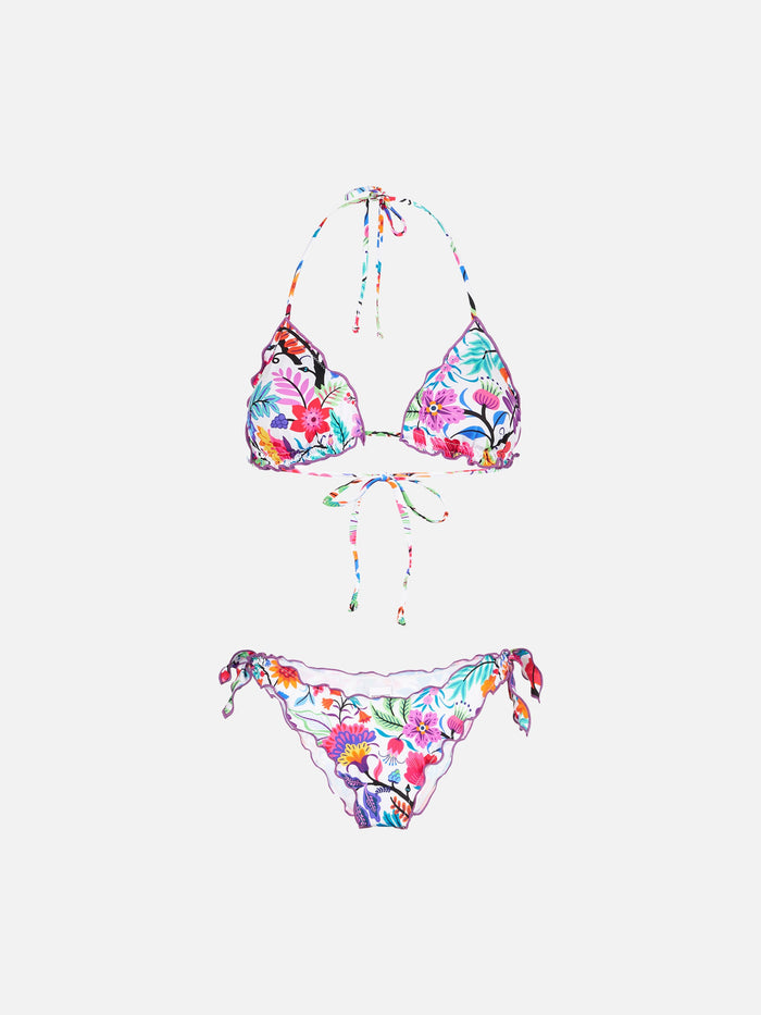 Sagittarius Floral Print Triangle Bikini Top White