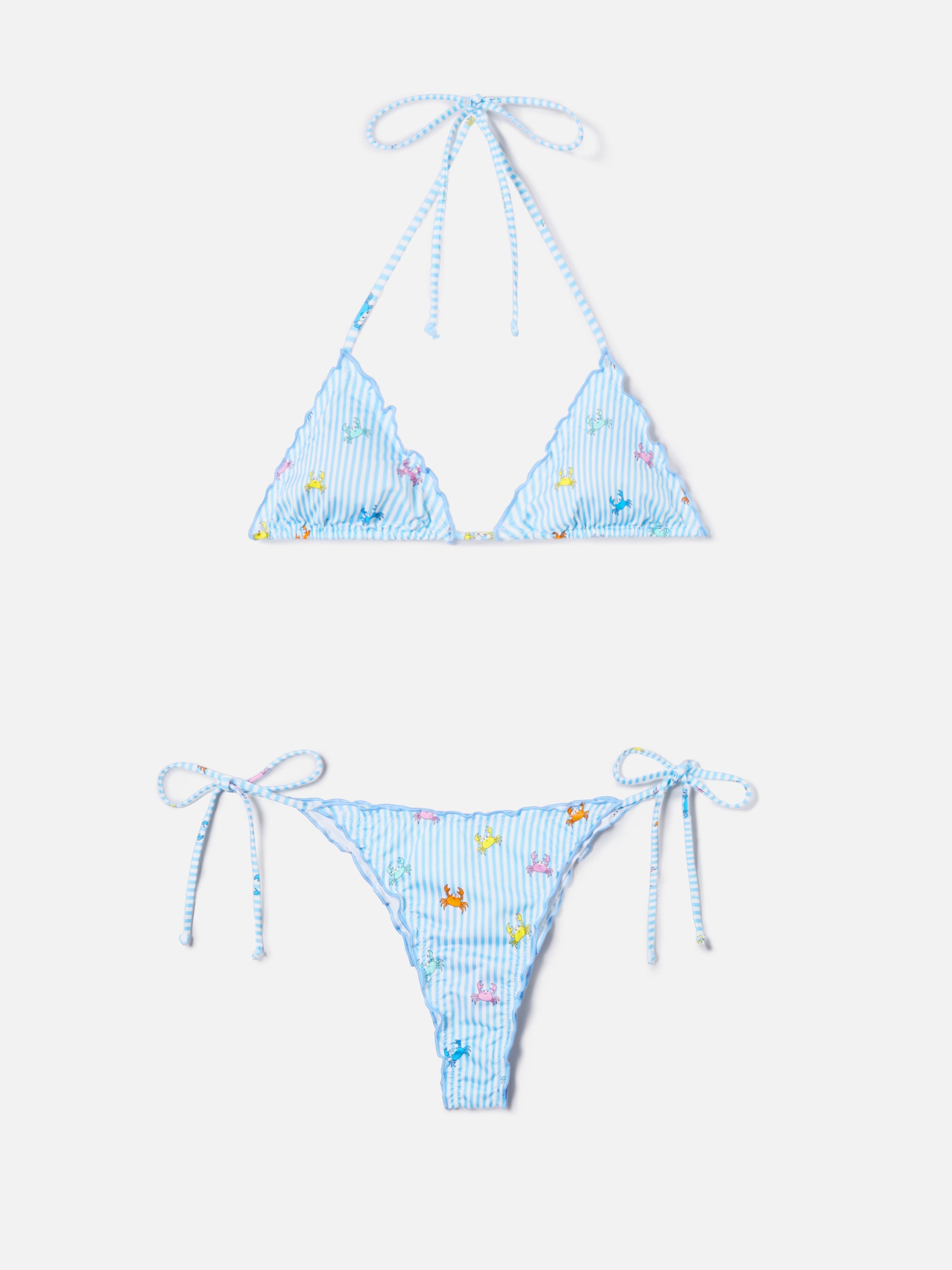 Bikini Sagitami Triangle With White And Light Blue Stripes Crab Print Sky