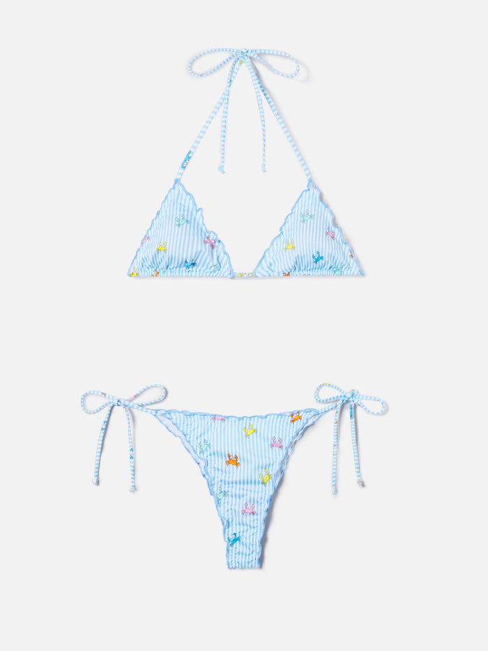 Bikini Sagitami Triangle With White And Light Blue Stripes Crab Print Sky