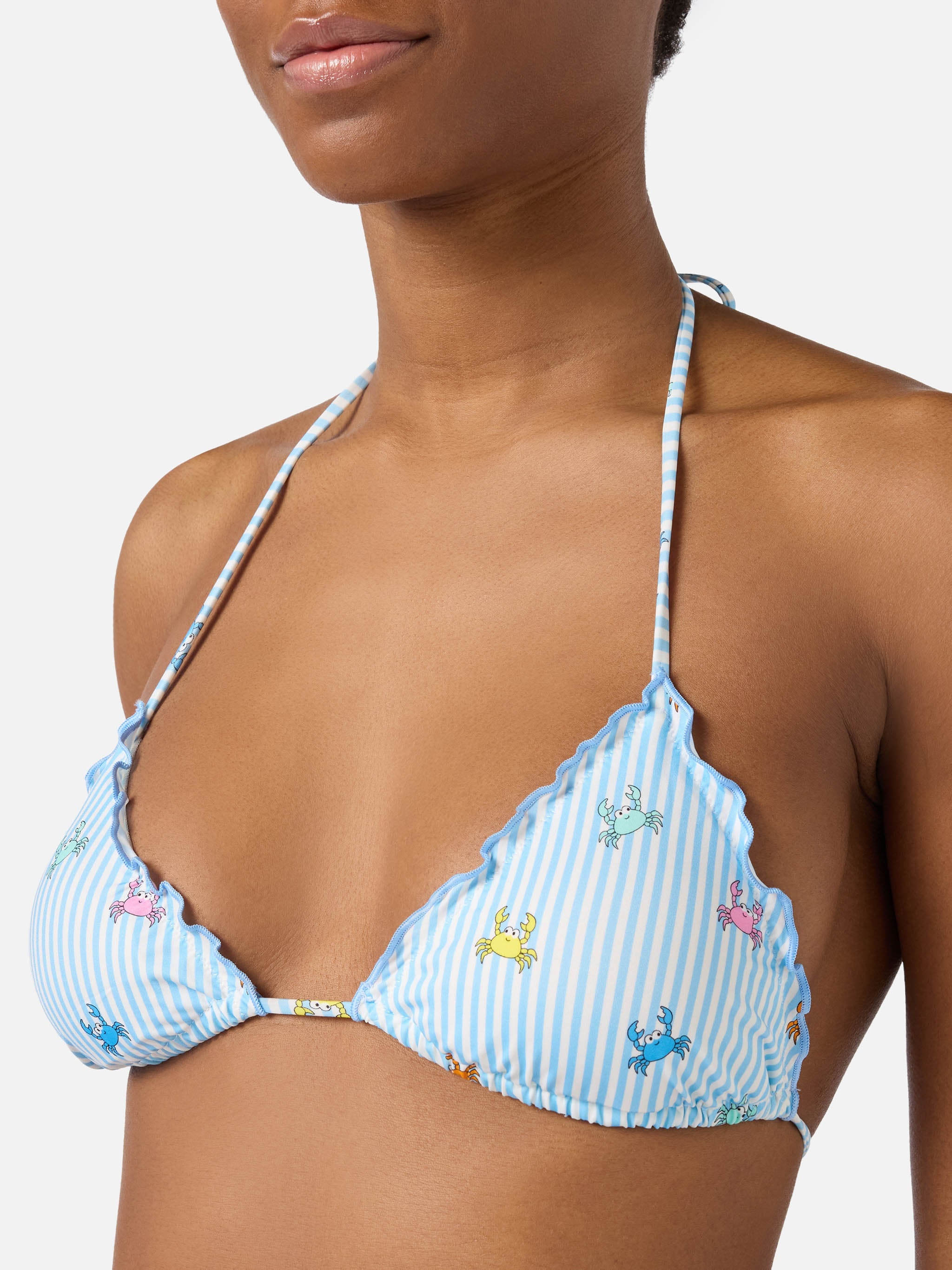 Bikini Sagitami Triangle With White And Light Blue Stripes Crab Print Sky