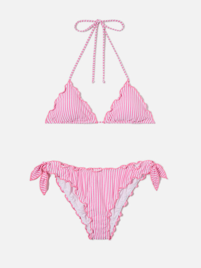 Bikini Sarius Triangle White And Pink Striped Seersucker
