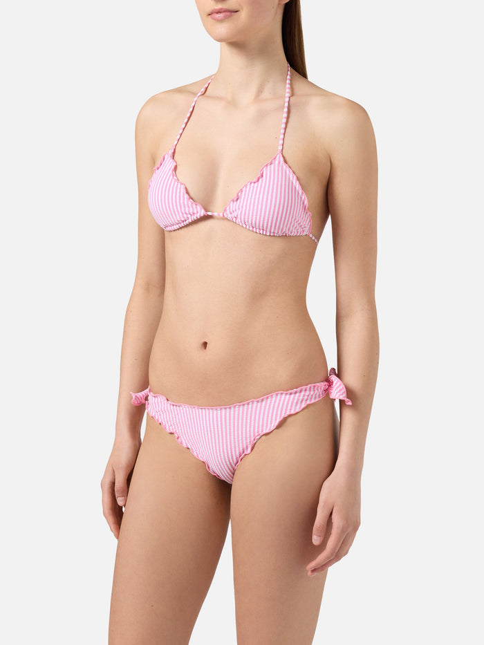 Bikini Sarius Triangle White And Pink Striped Seersucker