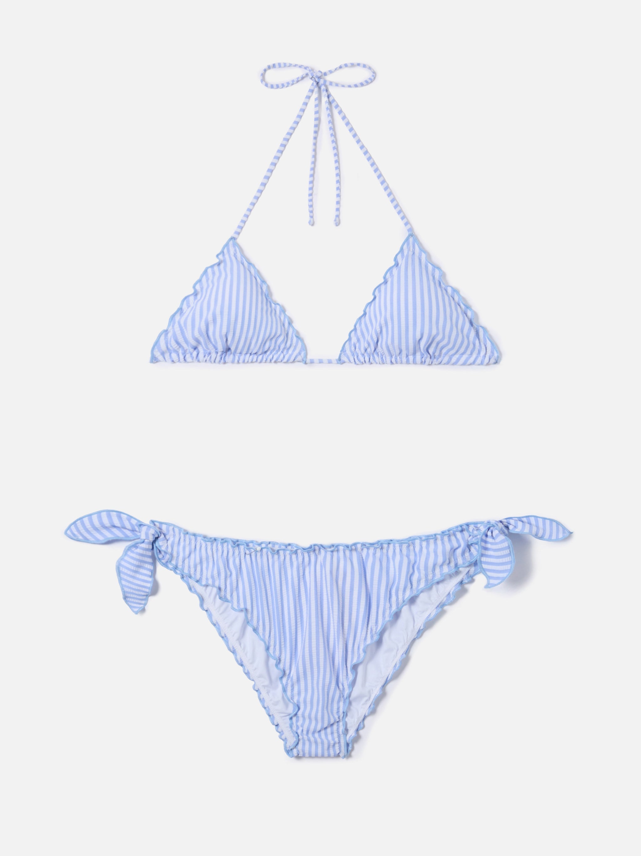 Bikini Sarius Triangle White And Light Blue Striped Seersucker