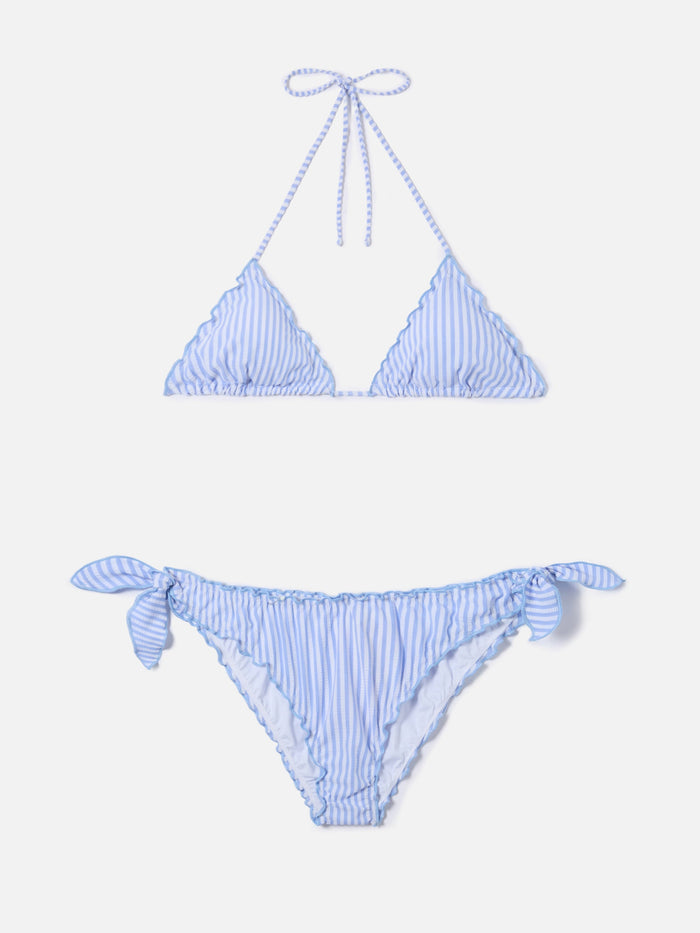 Bikini Sarius Triangle White And Light Blue Striped Seersucker