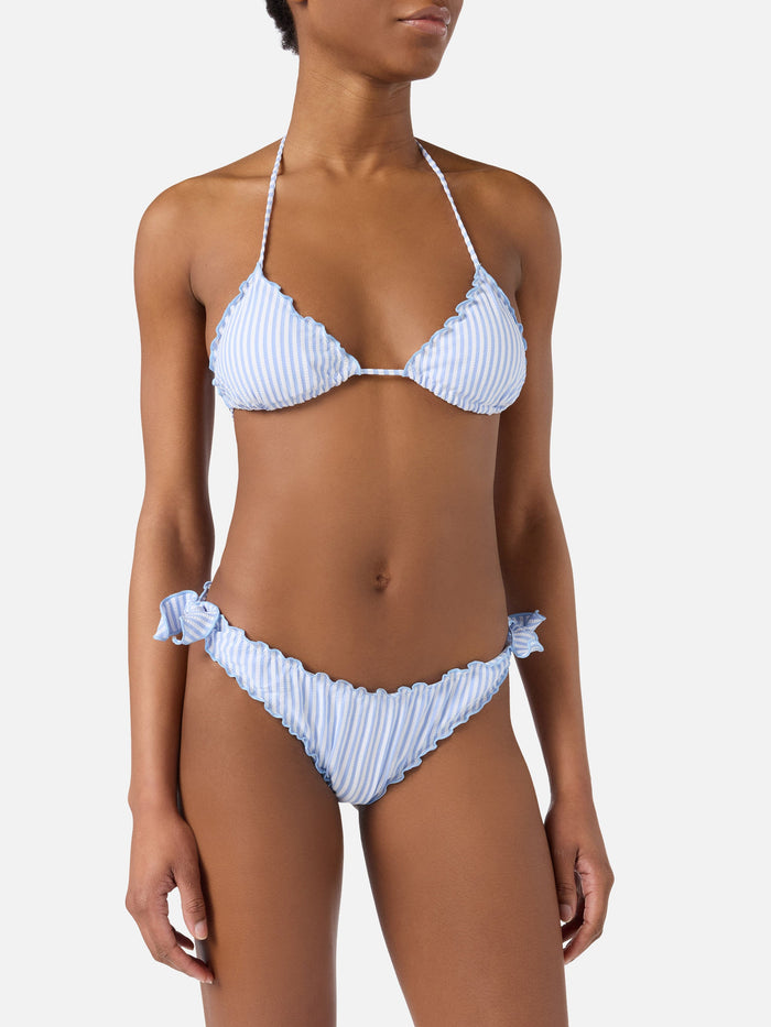 Bikini Sarius Triangle White And Light Blue Striped Seersucker