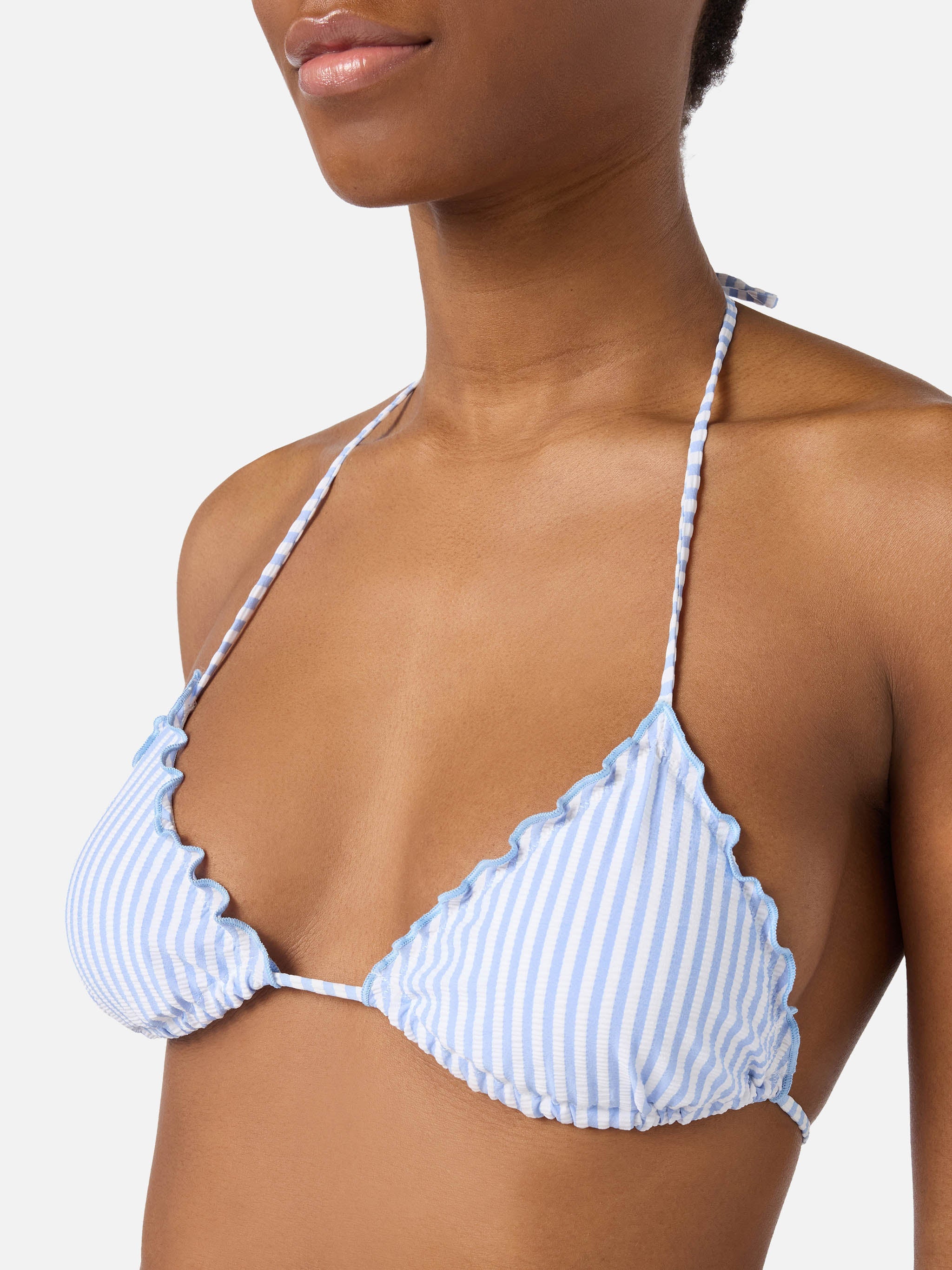 Bikini Sarius Triangle White And Light Blue Striped Seersucker
