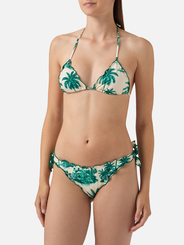 Bikini Sarius Triangle With Green Toile De Jouy Print | Special Edition White