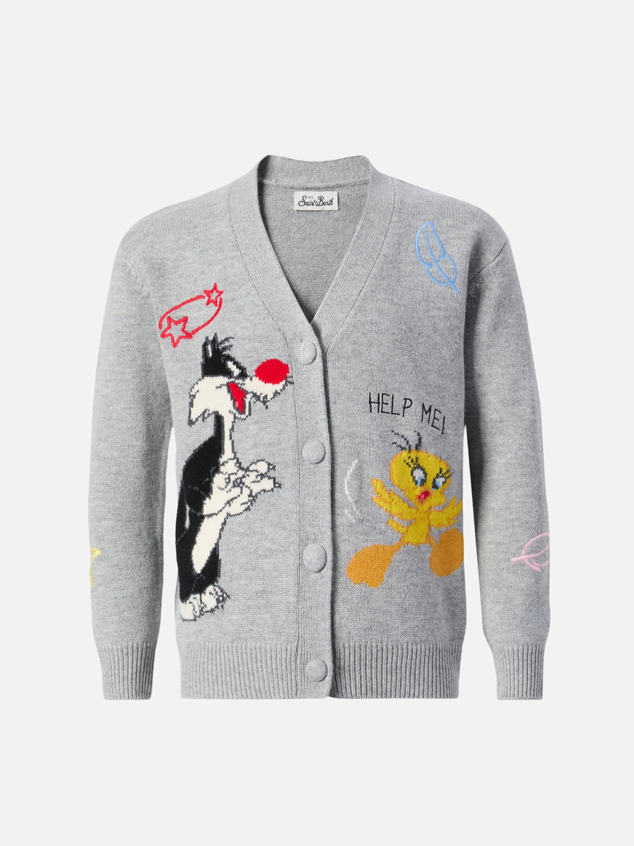 Sasi Jr Cashmere-Blend V-Neck Cardigan With Tweety And Sylvester Jacquard | Warner Bros Special Edition Grey