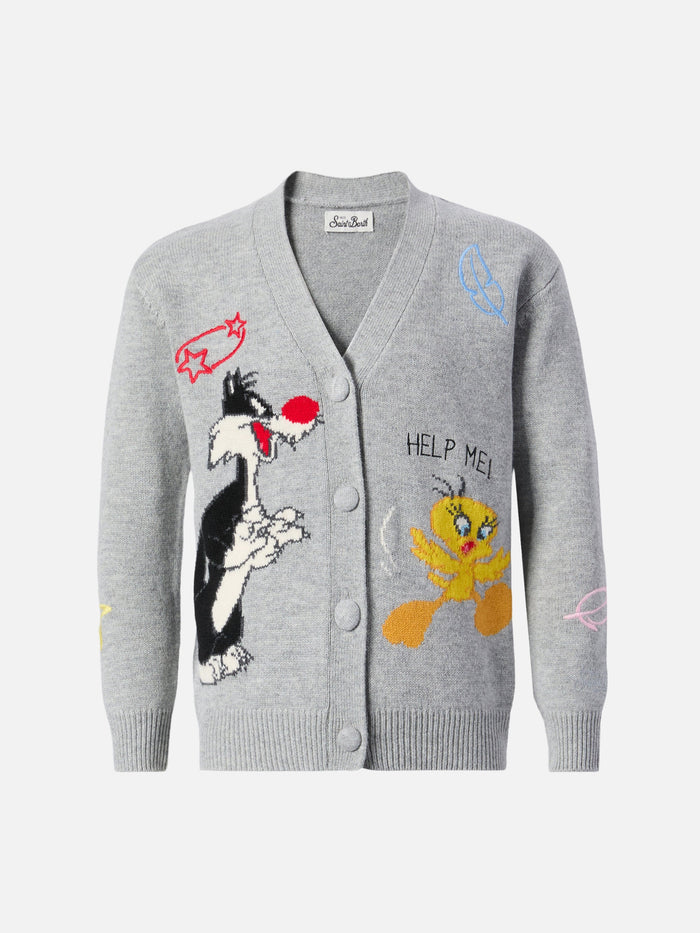 Sasi Jr Cashmere-Blend V-Neck Cardigan With Tweety And Sylvester Jacquard | Warner Bros Special Edition Grey