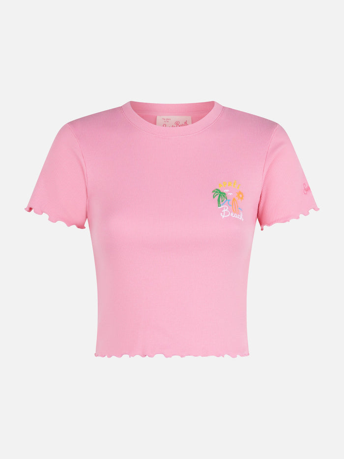 Serena Ribbed Cotton T-Shirt With Après Beach Embroidery Pink