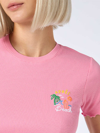 Serena Ribbed Cotton T-Shirt With Après Beach Embroidery Pink