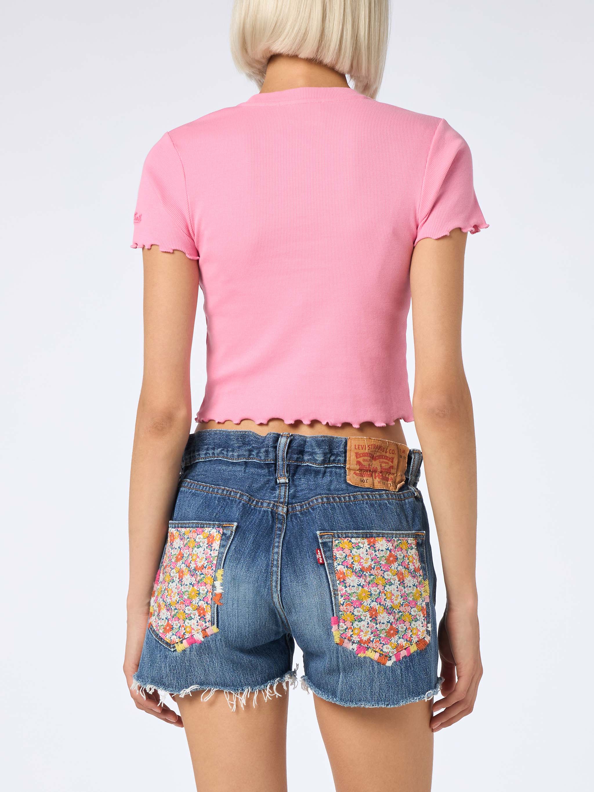 Serena Ribbed Cotton T-Shirt With Après Beach Embroidery Pink