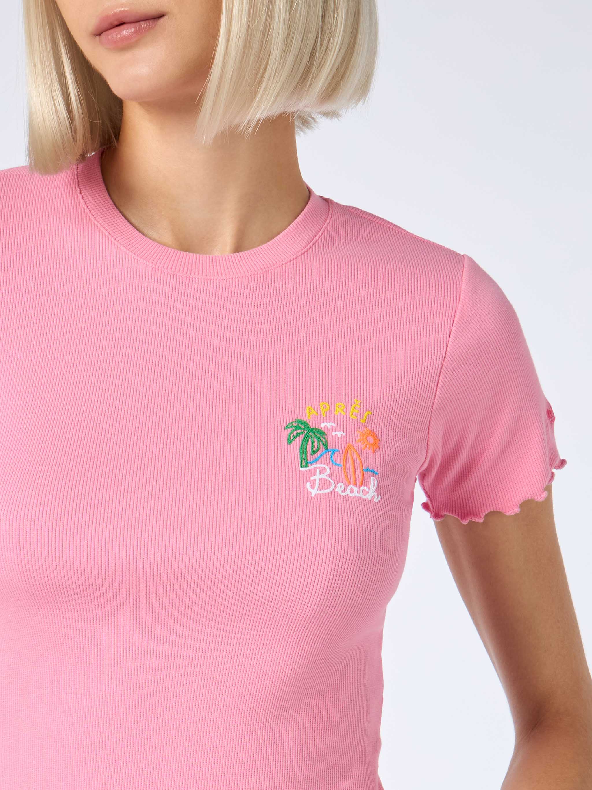 Serena Ribbed Cotton T-Shirt With Après Beach Embroidery Pink