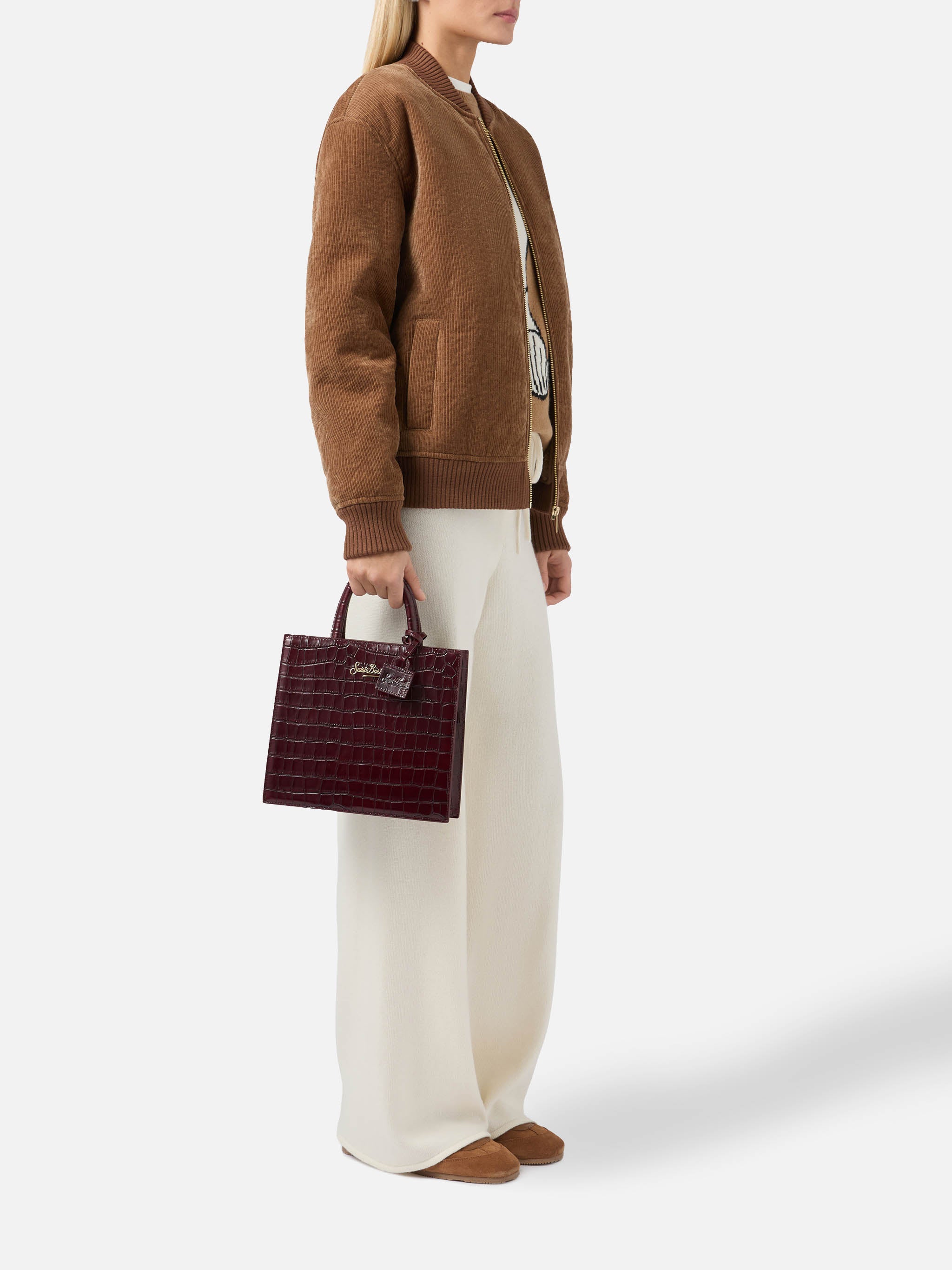 Shop Bag Midi Handbag Burgundy Crocodile-Print Leather Red