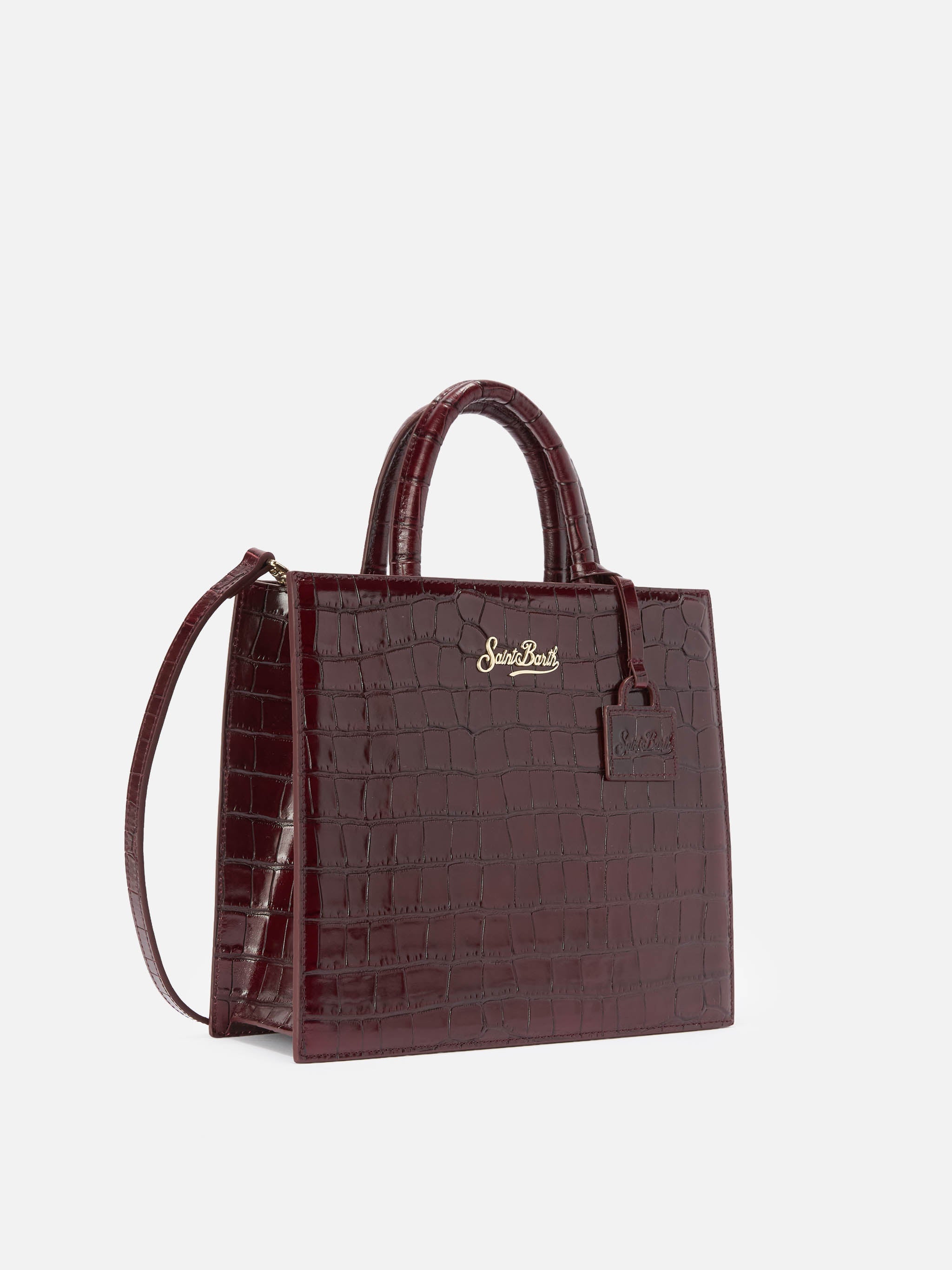 Shop Bag Midi Handbag Burgundy Crocodile-Print Leather Red