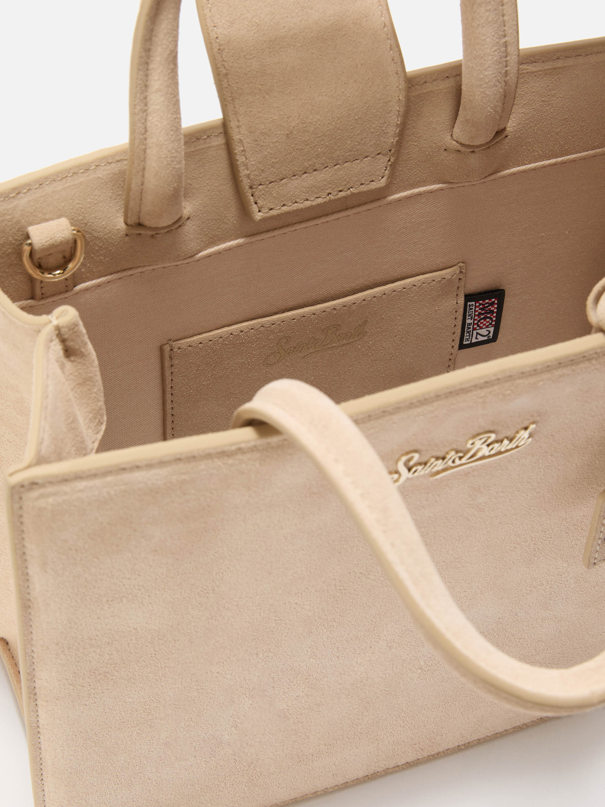 Shop Bag Midi Handbag Beige Suede Leather White