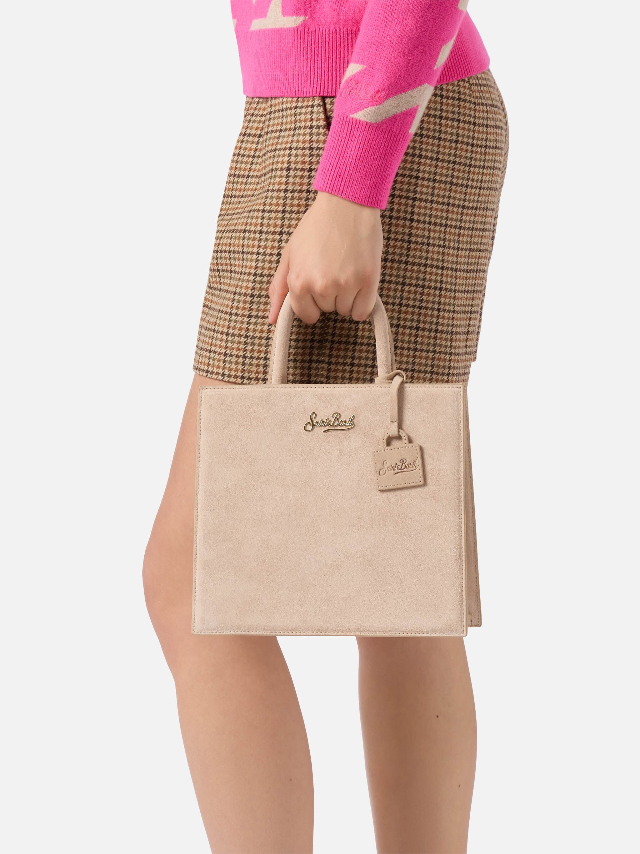 Shop Bag Midi Handbag Beige Suede Leather White