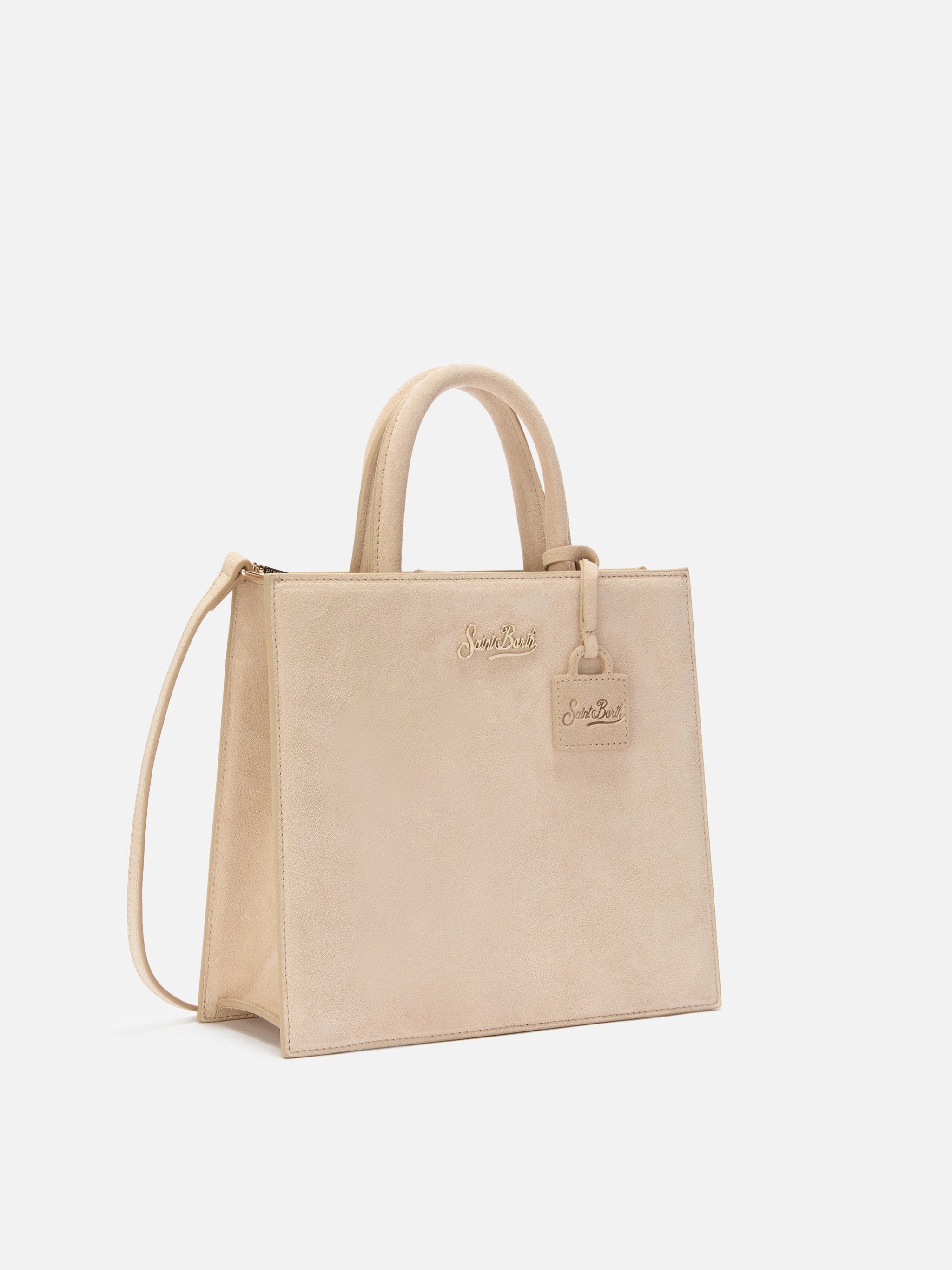 Shop Bag Midi Handbag Beige Suede Leather White