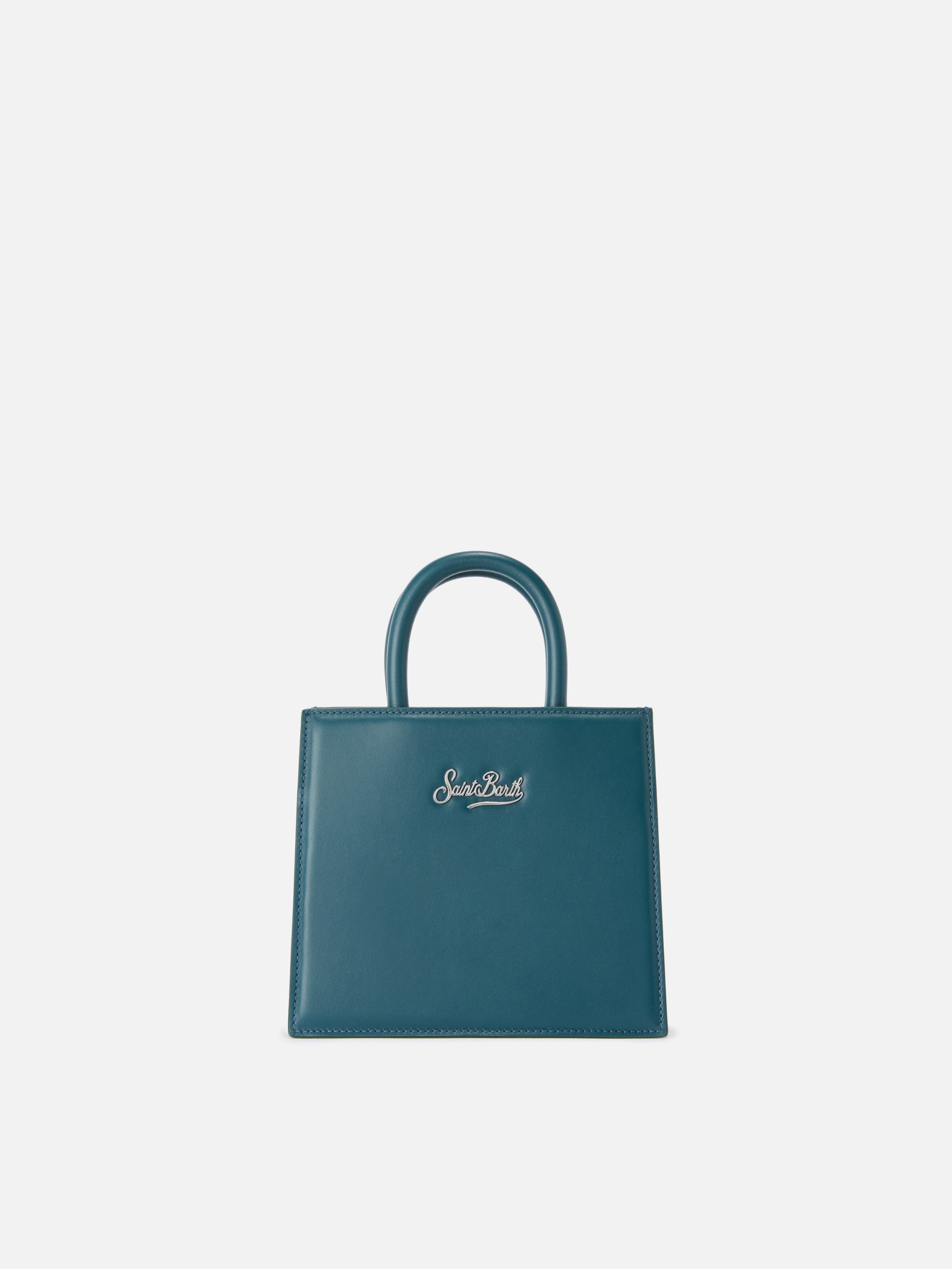 Structured Shop Mini Bag Teal Green Smooth Leather With Metal Tag Blue