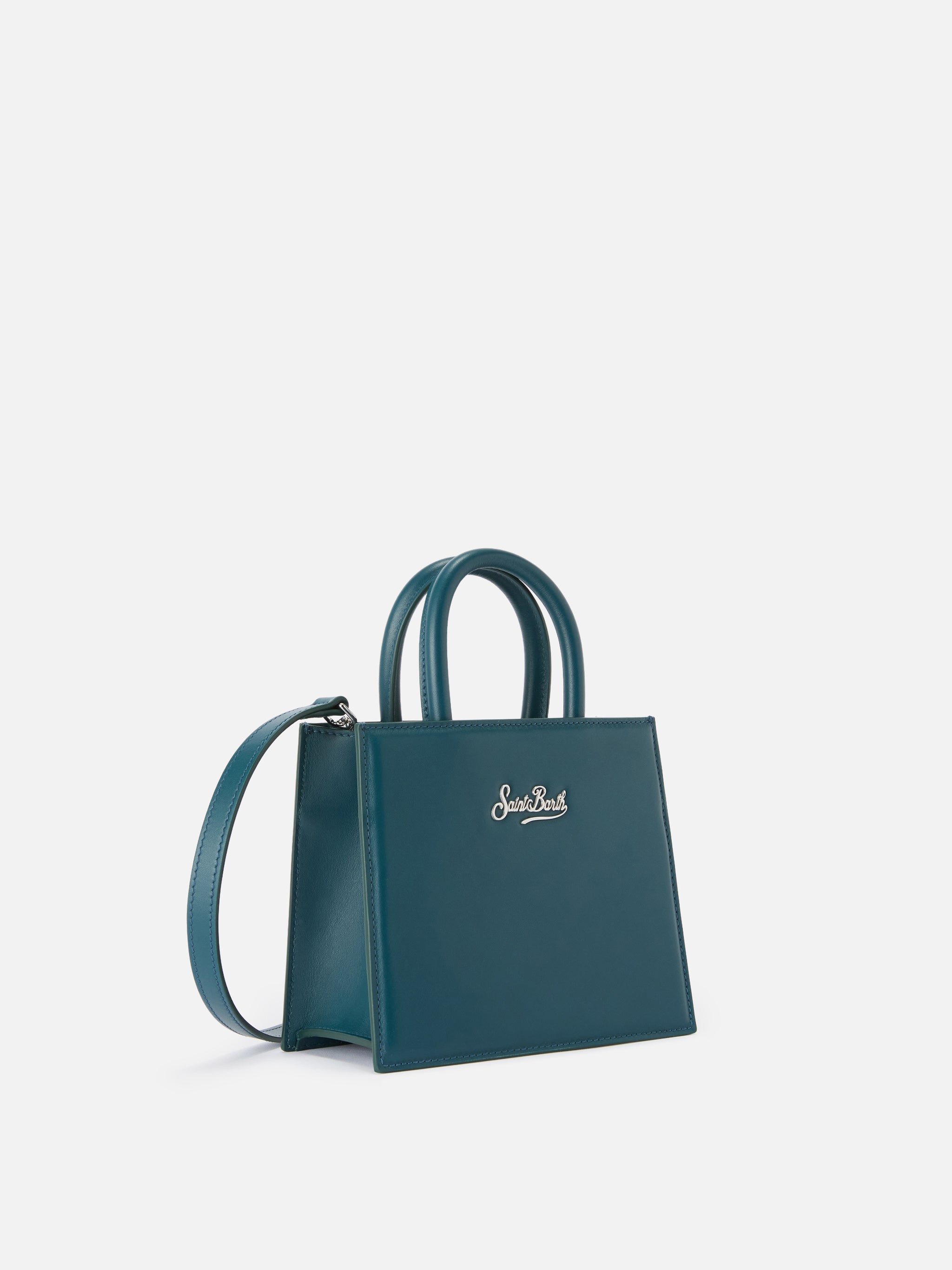 Structured Shop Mini Bag Teal Green Smooth Leather With Metal Tag Blue