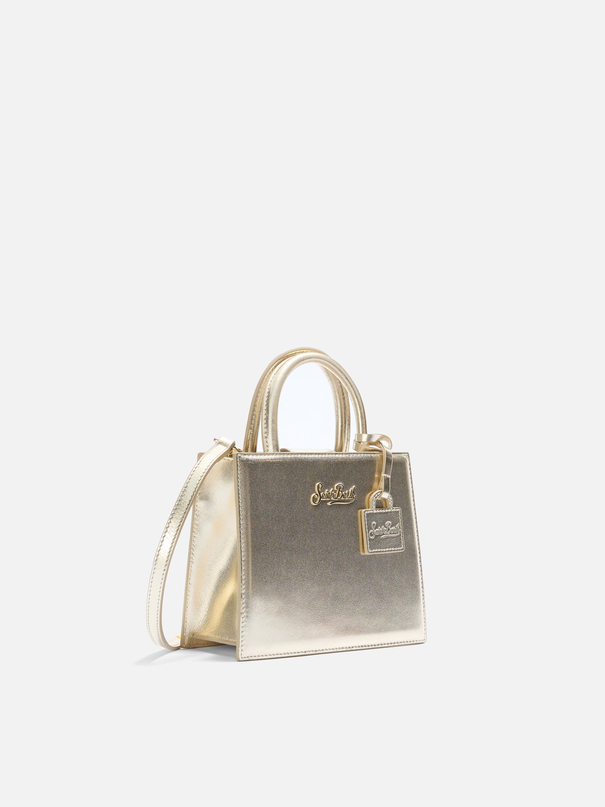 Structured Shop Mini Bag Gold Laminated Leather With Metal Tag Yellow
