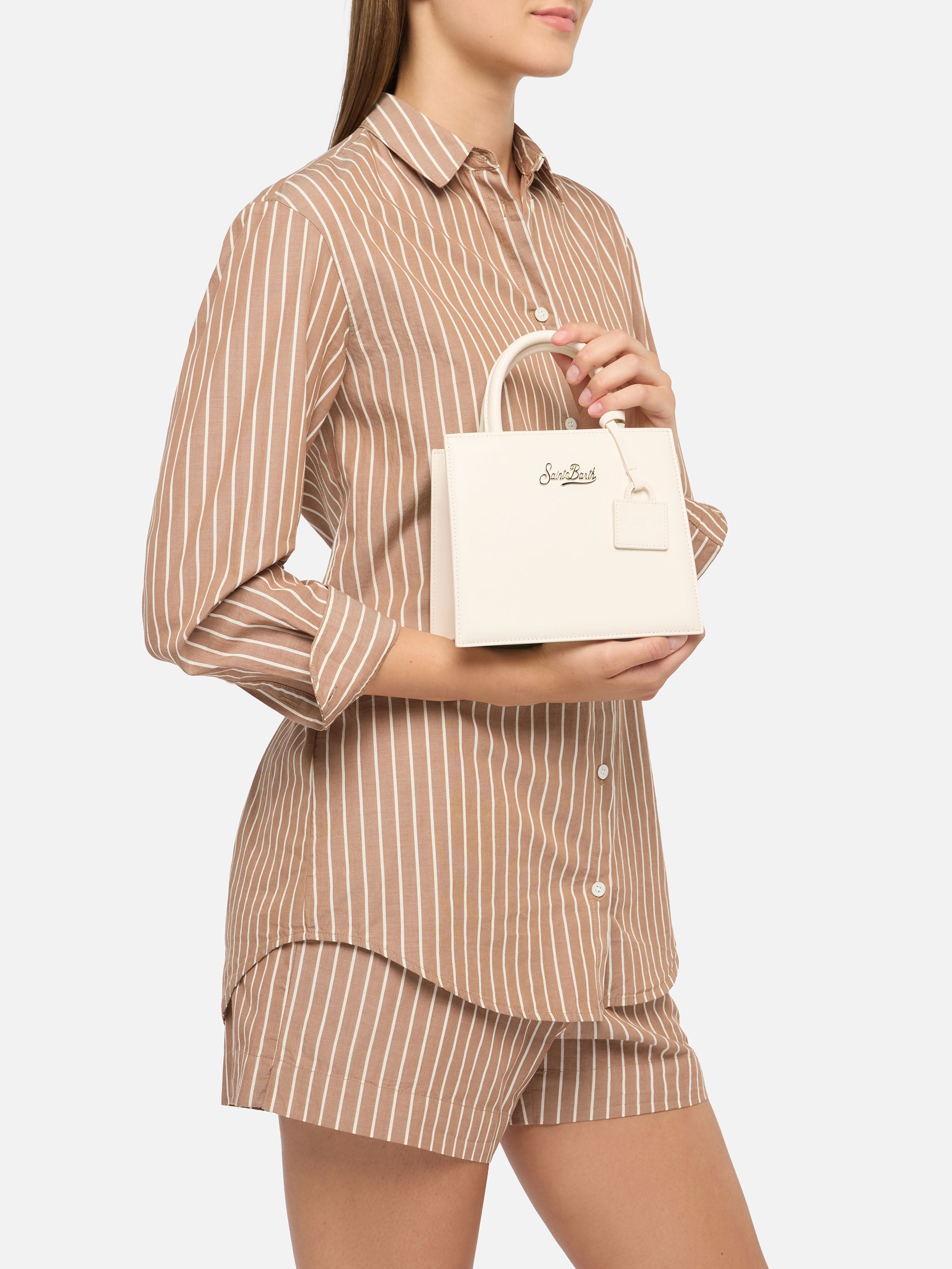 Structured Shop Mini Bag White Smooth Leather With Metal Tag