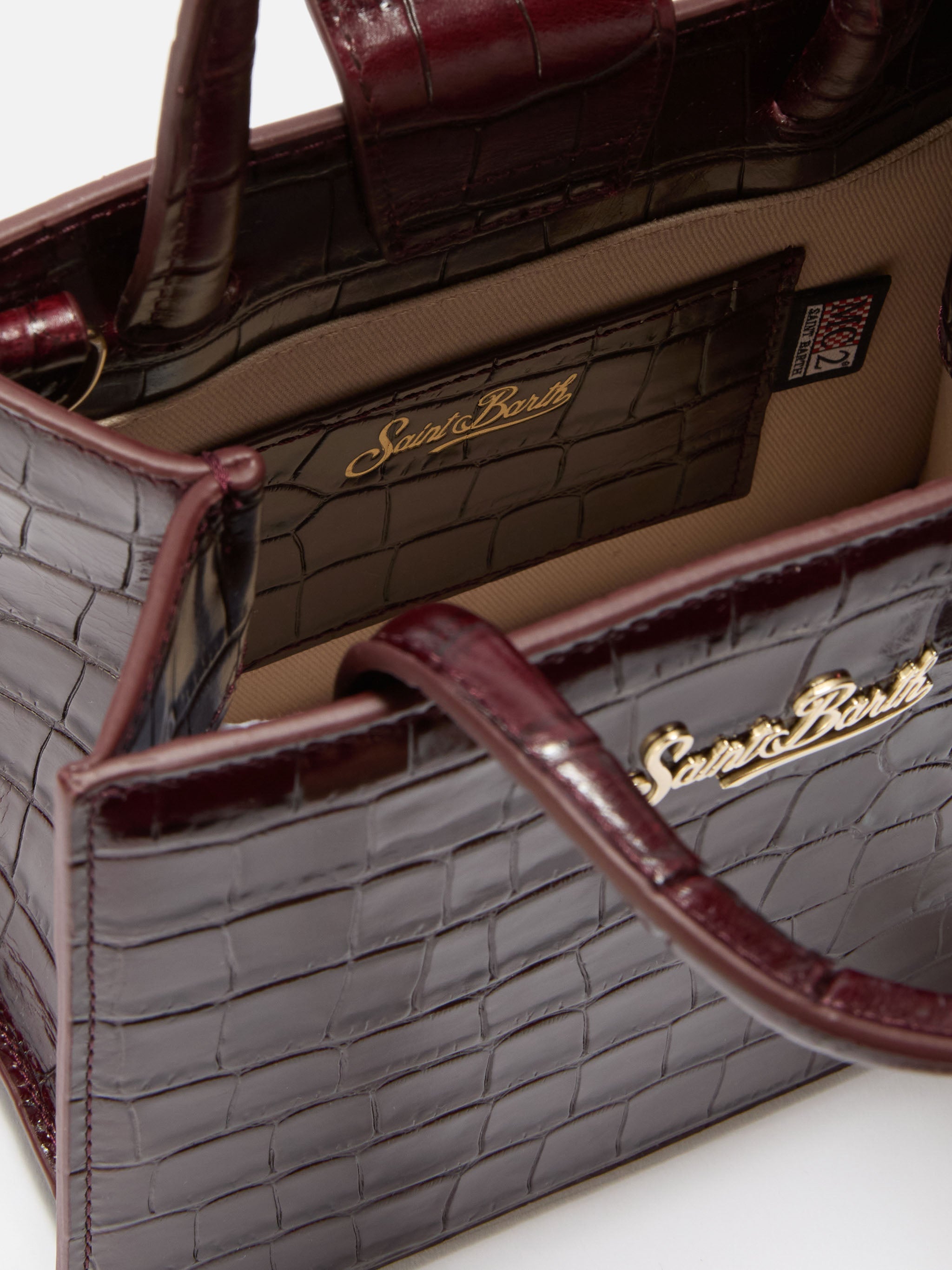Shop Bag Mini Handbag Burgundy Crocodile-Print Leather Red