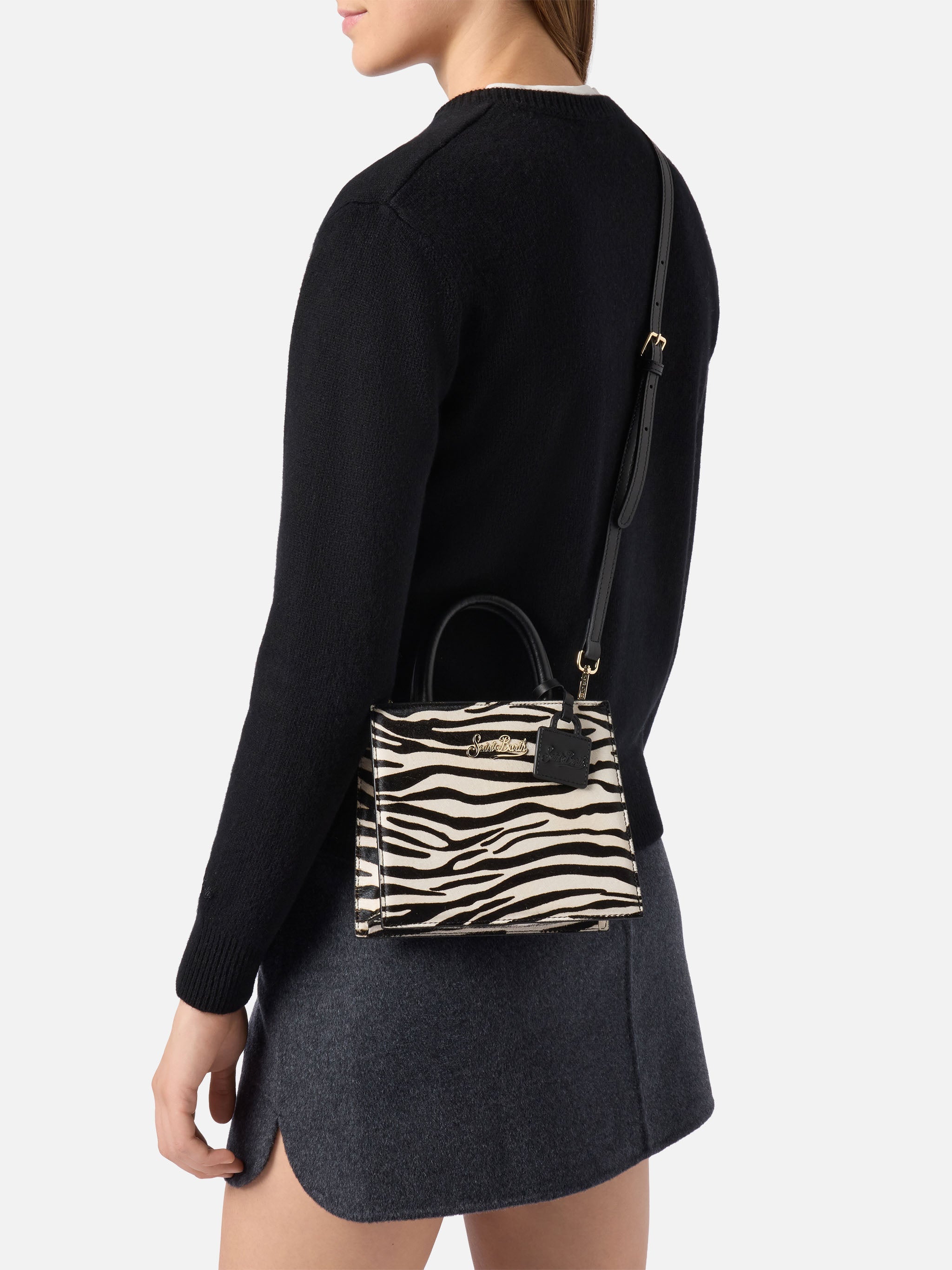Shop Bag Mini Handbag Zebra-Print Pony Skin Leather White